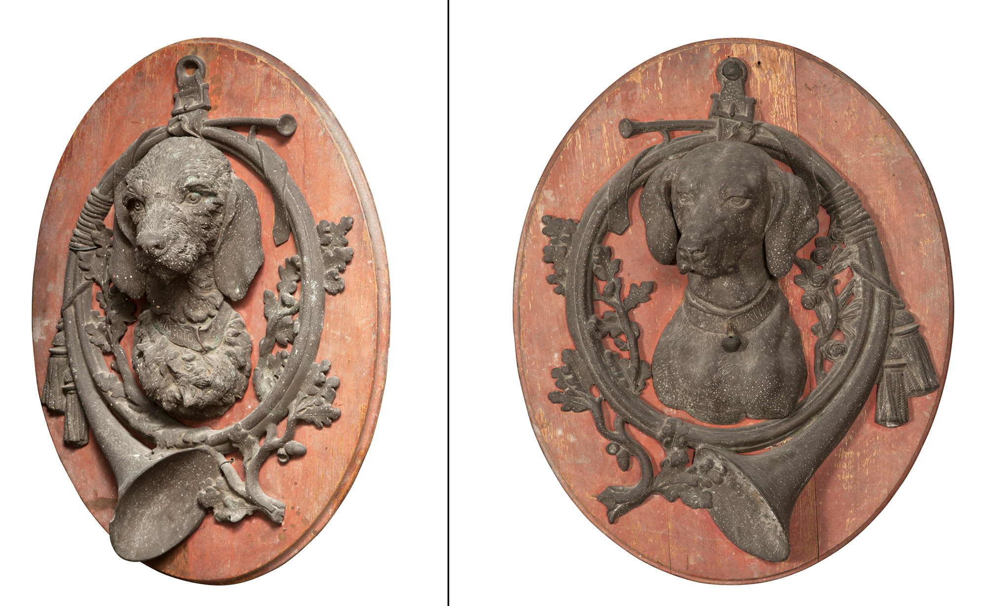 Lot image - Pair of French Patinated Metal and Painted Wood Hunting Trophy Plaques
