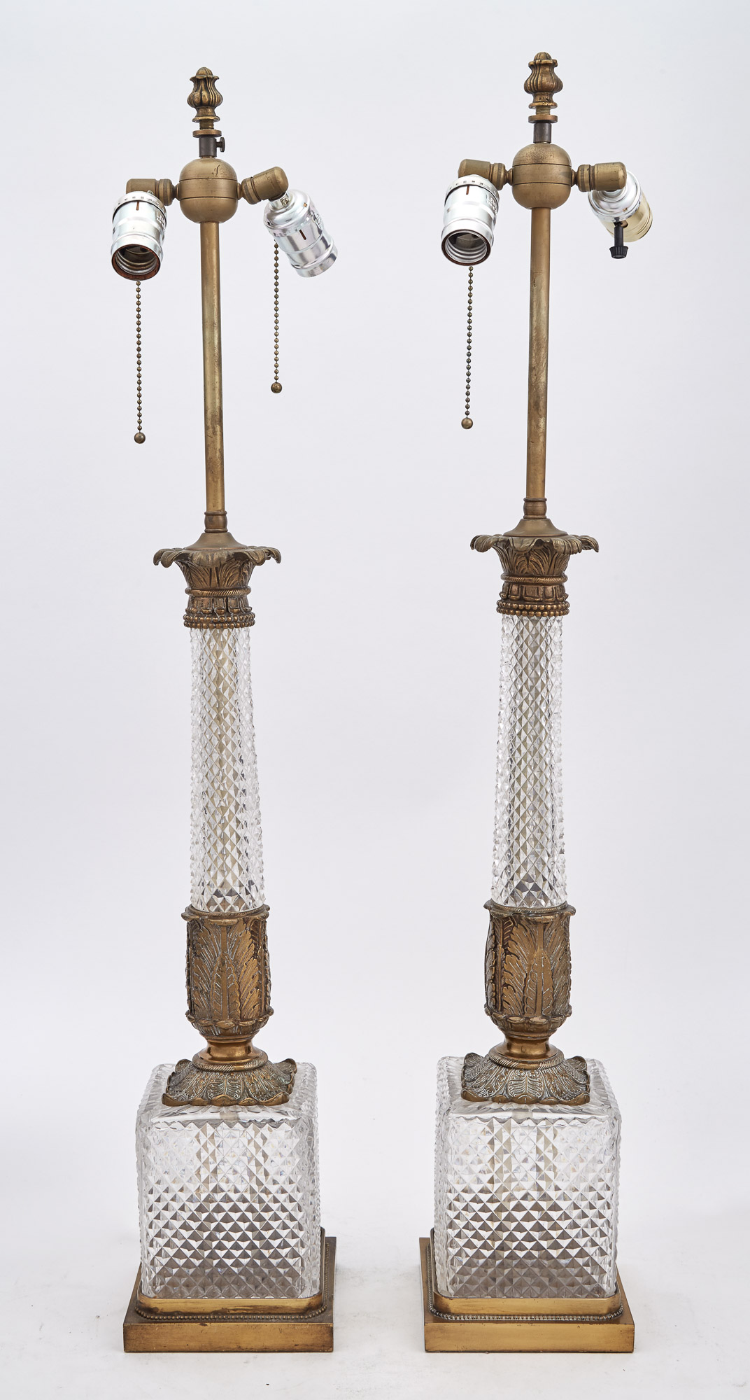 Lot image - Pair of Empire Style Brass-Mounted Glass Columnar Lamps