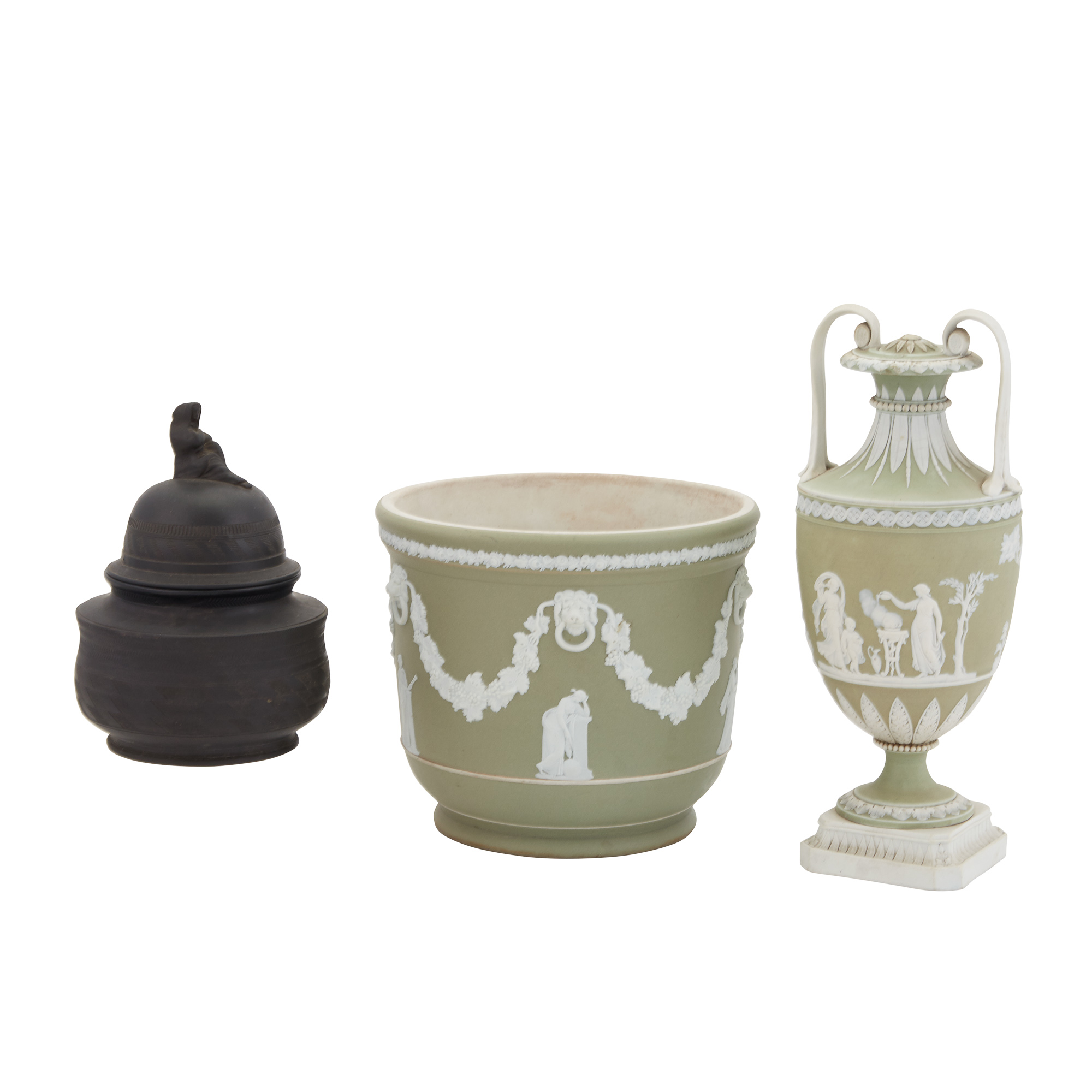 Lot image - Wedgwood Green Jasperware Vase and Cover; Together with a Wedgwood Green Jasperware Jardiniere and a Black Basalt Jar and Cover