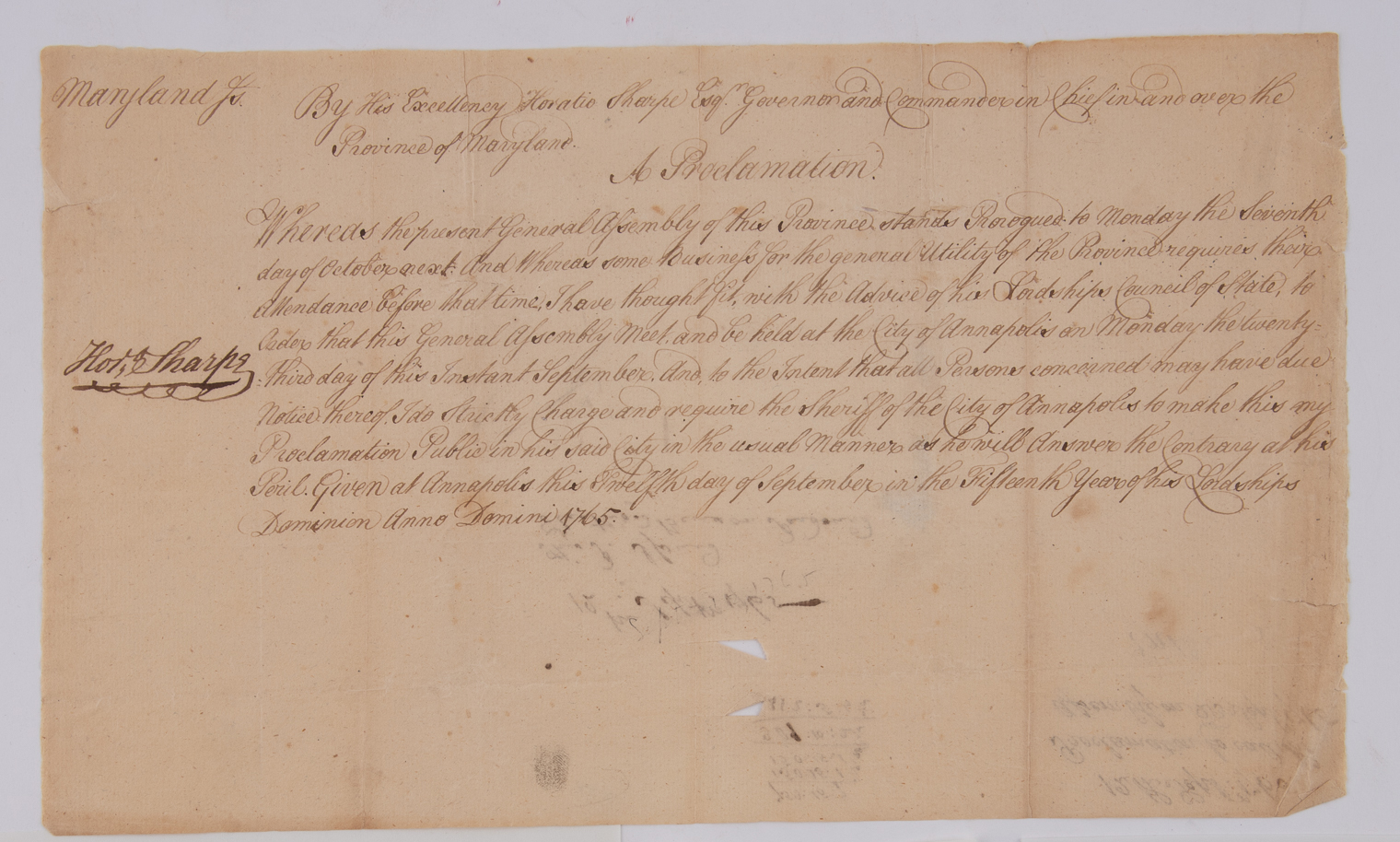 Lot image - [MARYLAND]  SHARPE, HORATIO. Proclamation document signed as Proprietary Governor of Maryland.