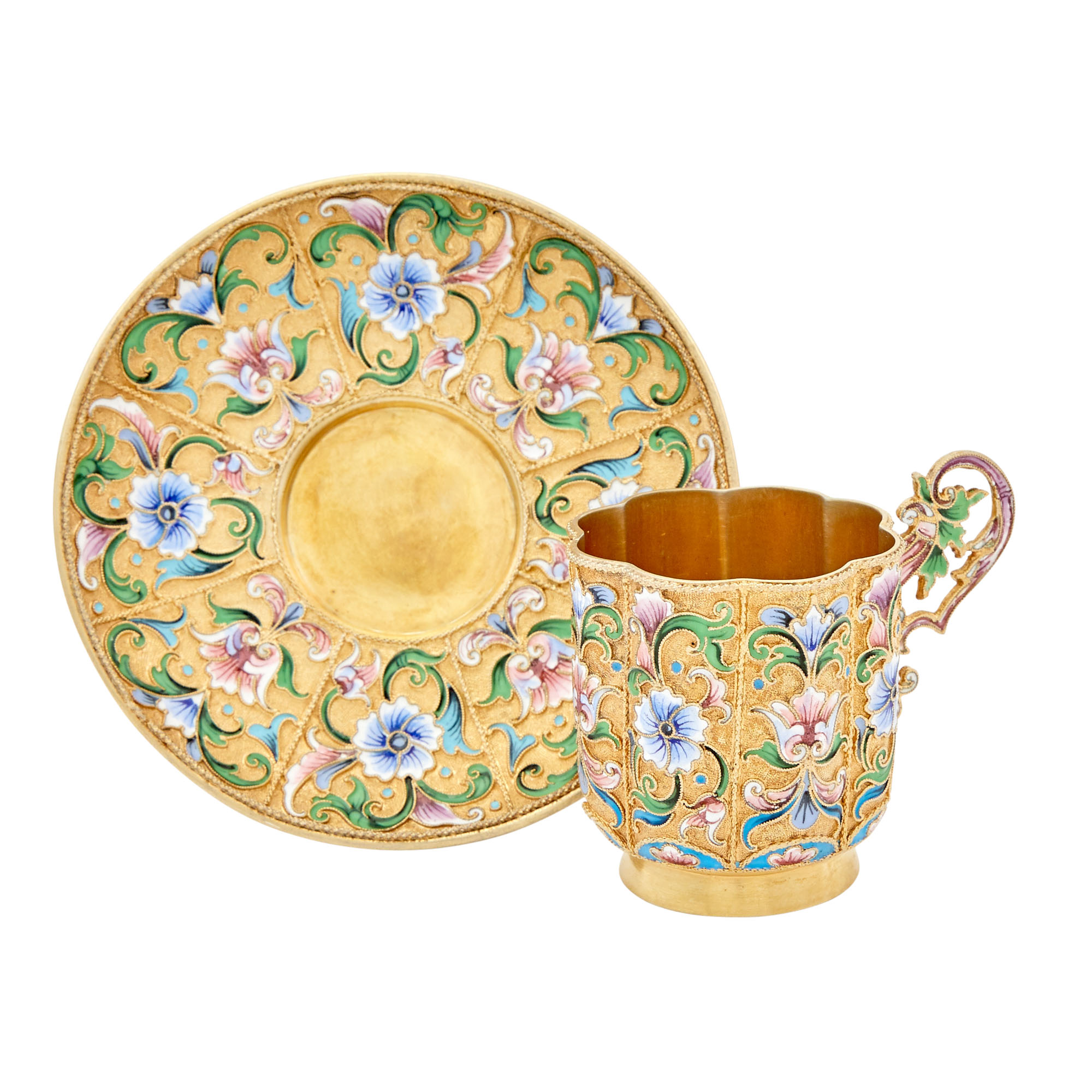Lot image - Russian Silver-Gilt and Cloisonné Enamel Cup and Saucer