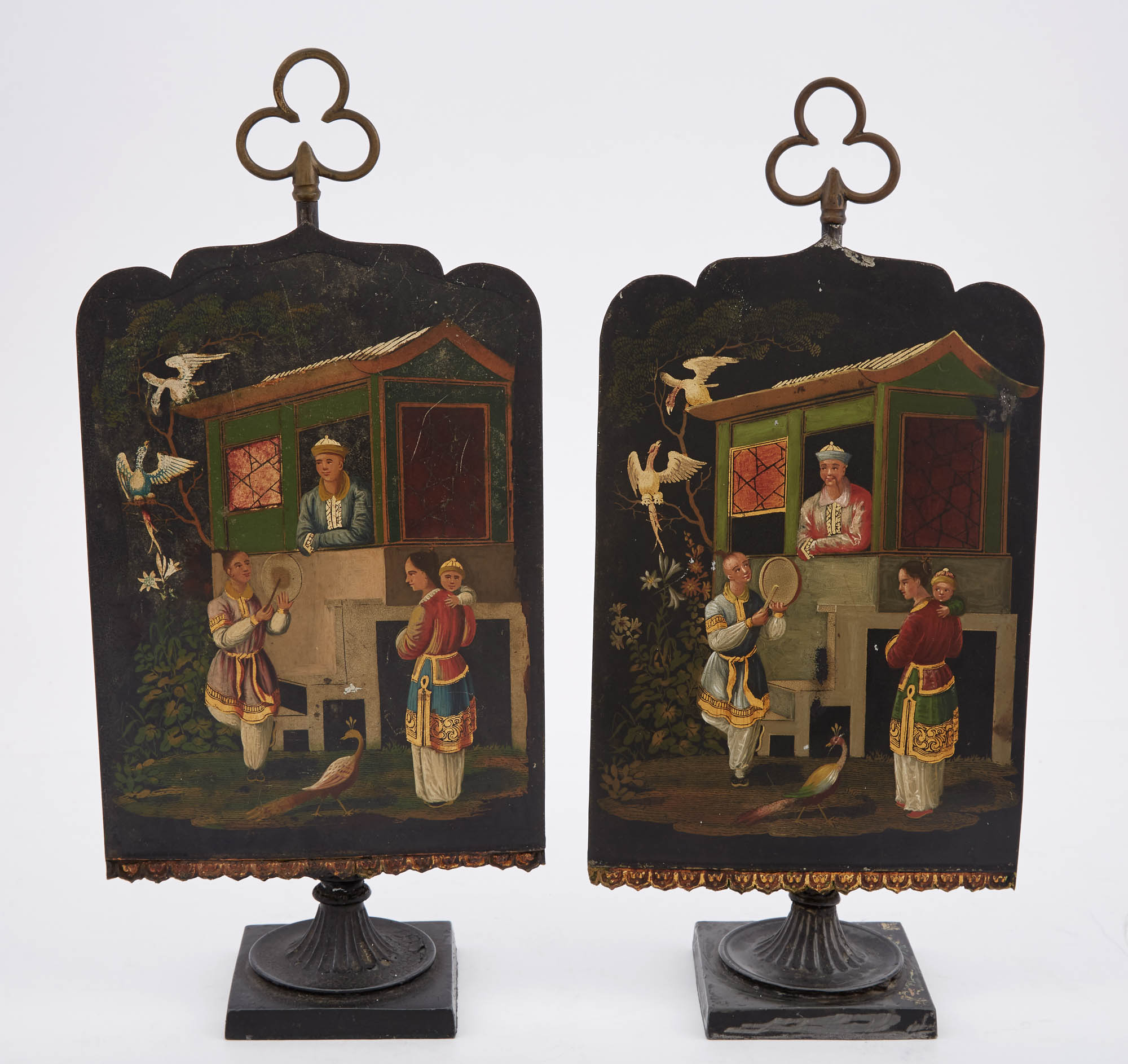 Lot image - Pair of Regency Chinoiserie-Decorated Tôle-Peinte Candle Screens