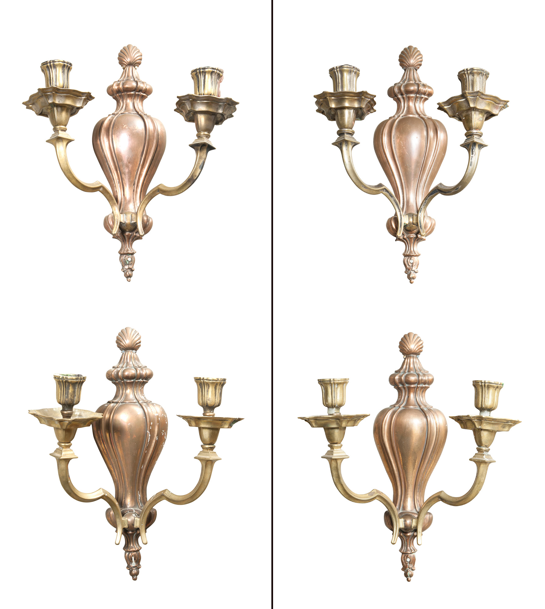 Lot image - Set of Four Continental Copper and Brass Two-Light Wall Lights