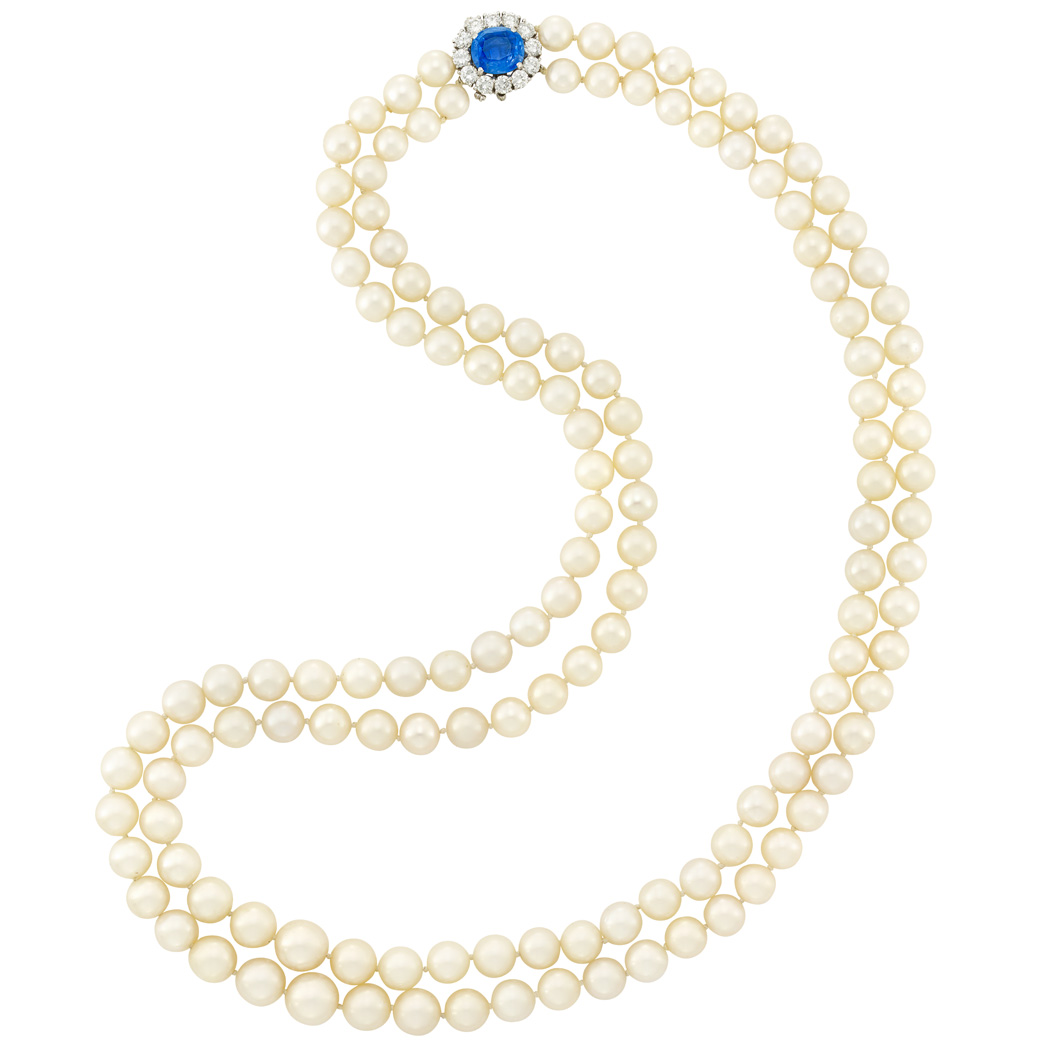 Lot image - Long Double Strand Cultured Pearl Necklace with Platinum, Sapphire and Diamond Clasp, Van Cleef & Arpels