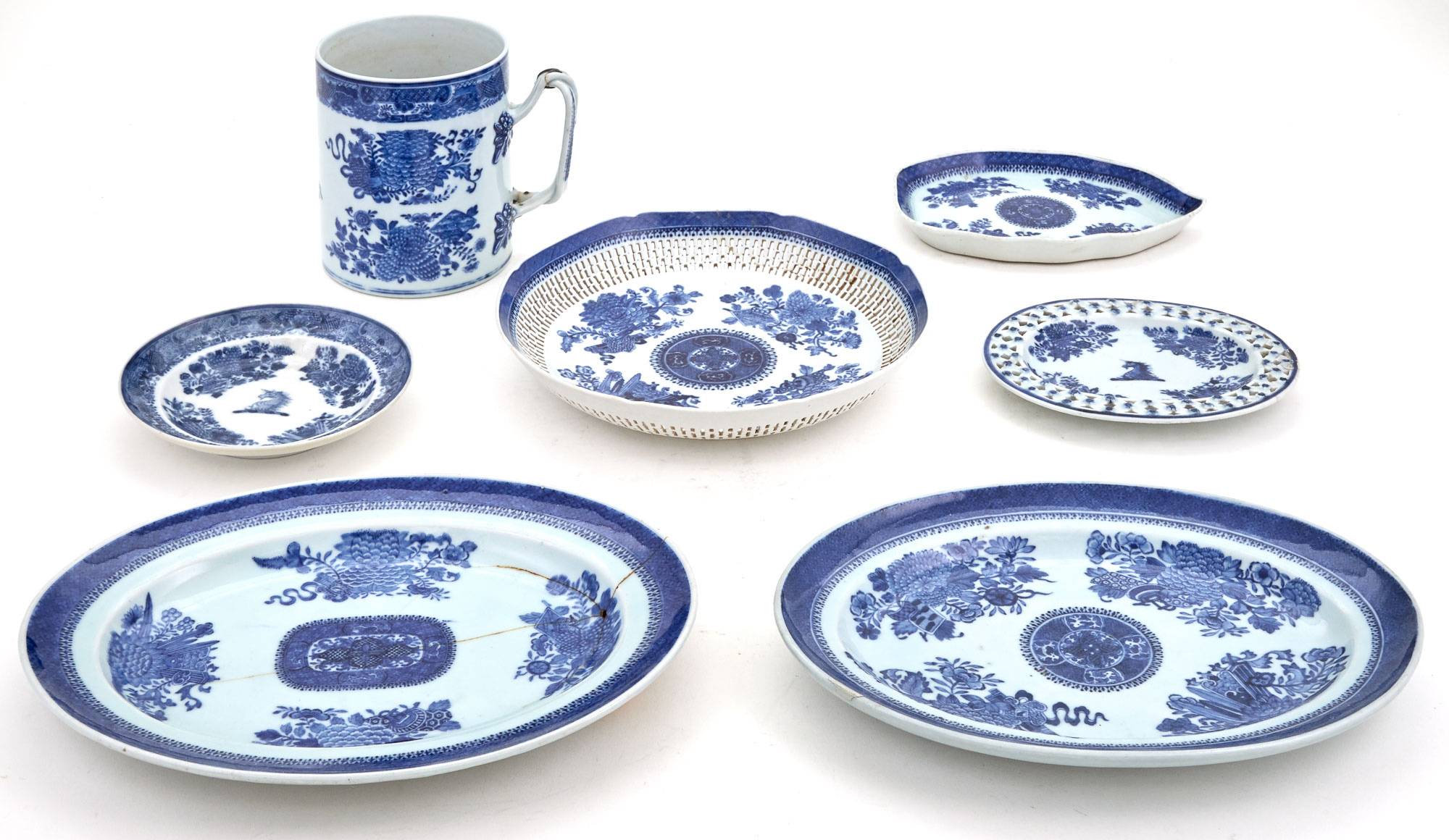 Lot image - Group of Seven Chinese Export Blue and White Porcelain Table Articles
