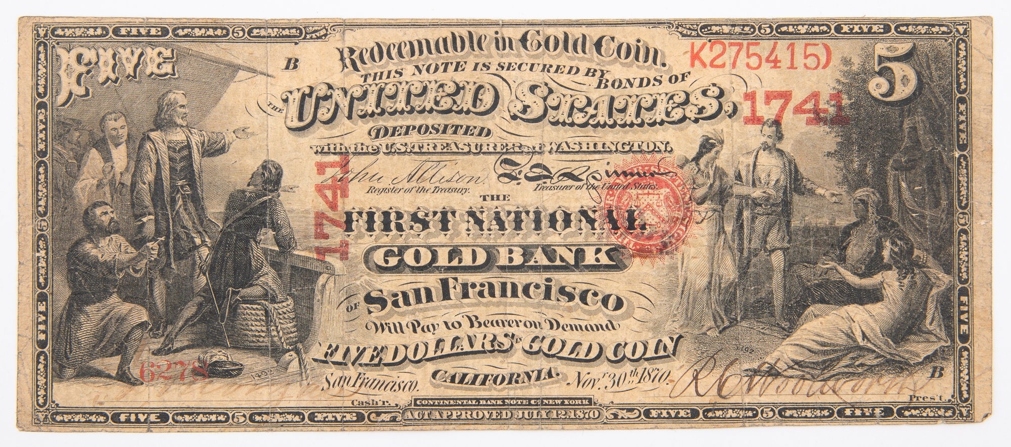 Lot image - United States 1870 National Gold Bank of California Five Dollar Note Fr. 1136
