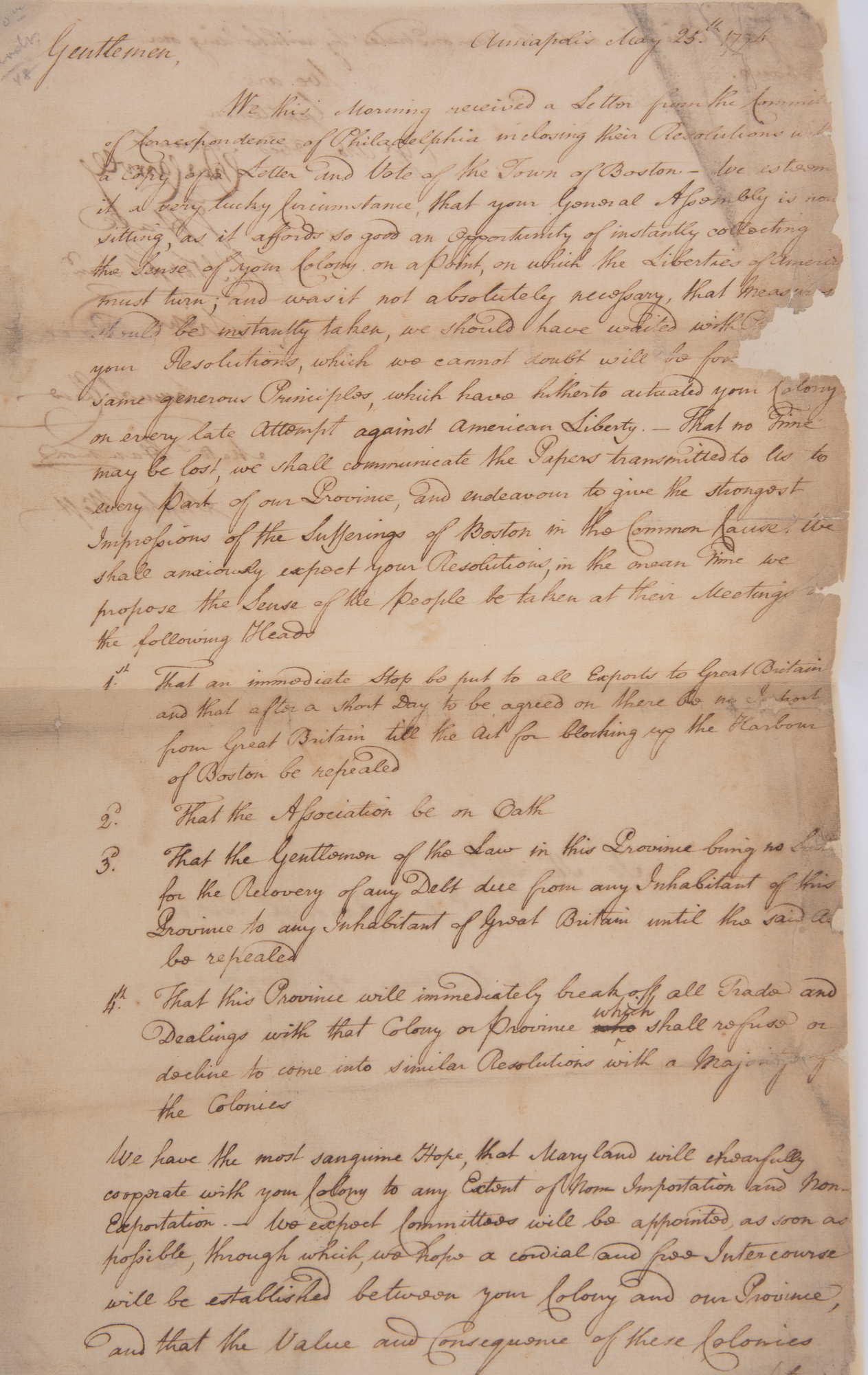 Lot image - [AMERICAN REVOLUTION]  CARROLL, CHARLES; CHASE, SAMUEL; PACA, WILLAM and OTHERS from MARYLAND  Document signed transmitting resolutions of the Town of Boston and urging Virginia to embargo exports and imports from Great Britain.