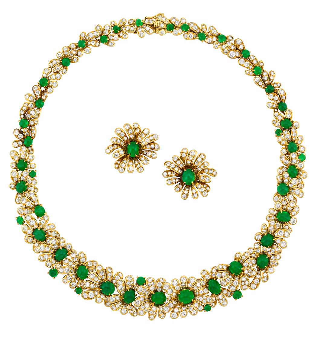 Lot image - Gold, Cabochon Emerald and Diamond Necklace and Pair of Earclips, Van Cleef & Arpels, France