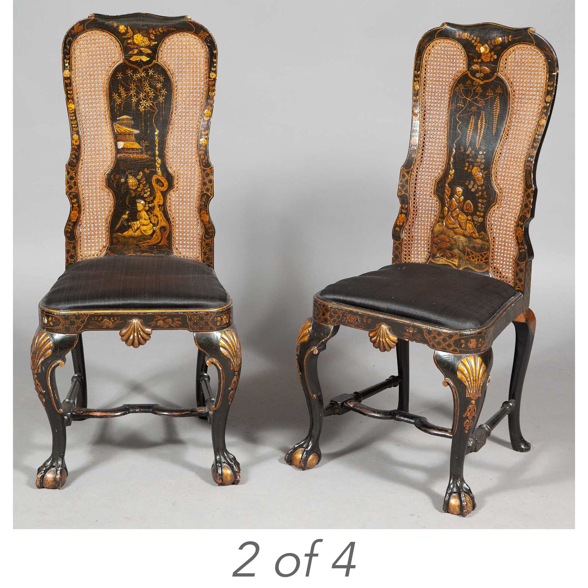 Lot image - Set of Four George II Style Black-Japanned, Parcel-Gilt and Caned Side Chairs in the style of Giles Grendey