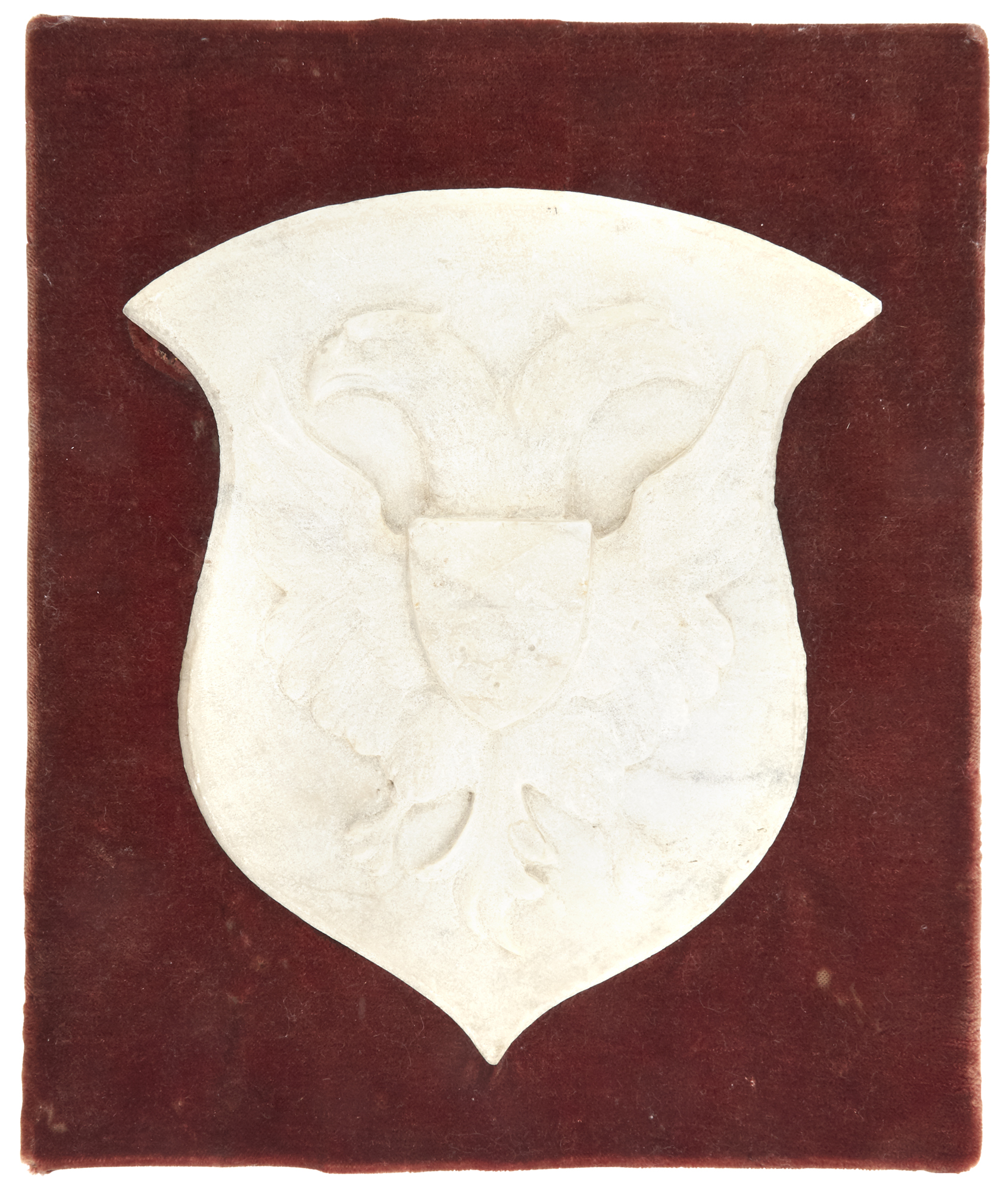 Lot image - Continental Marble Plaque with Double-Headed Eagle Coat of Arms Set in Velvet Covered Rectangular Plaque