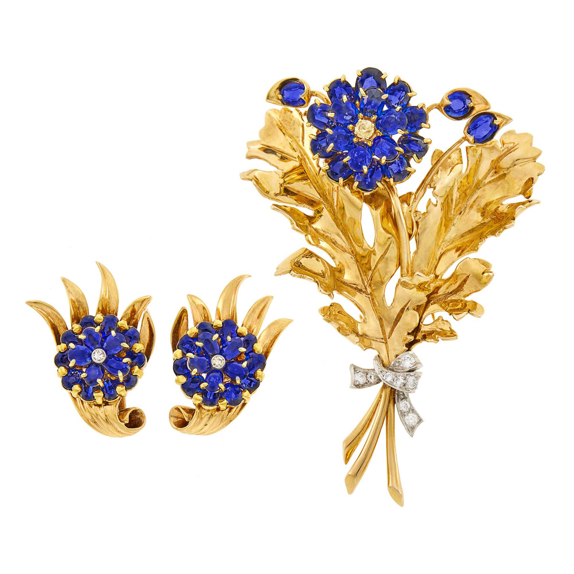 Lot image - Cartier Gold, Platinum, Sapphire and Diamond Clip and Pair of Earclips