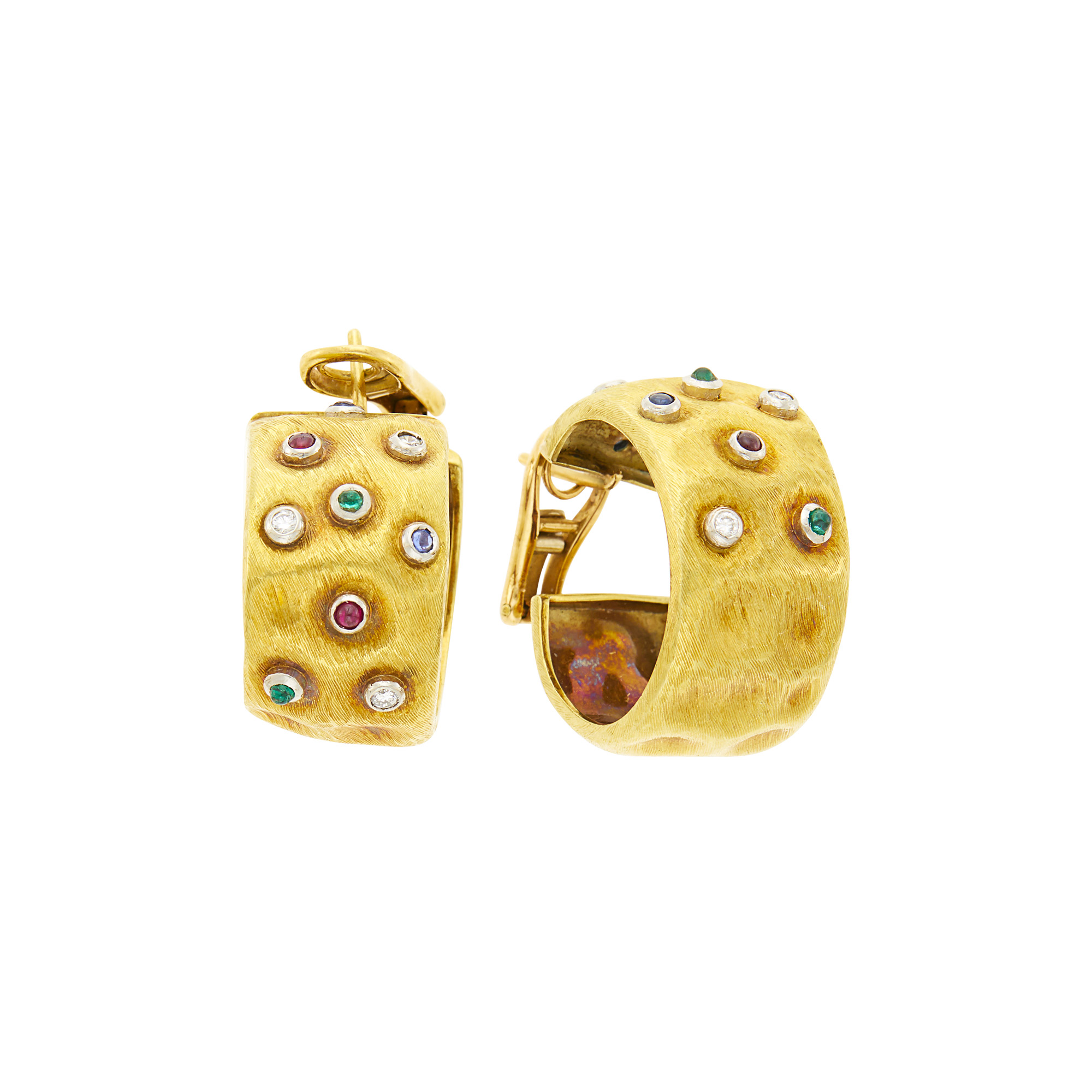 Lot image - Pair of Two-Color Gold, Diamond and Cabochon Colored Stone Hoop Earrings
