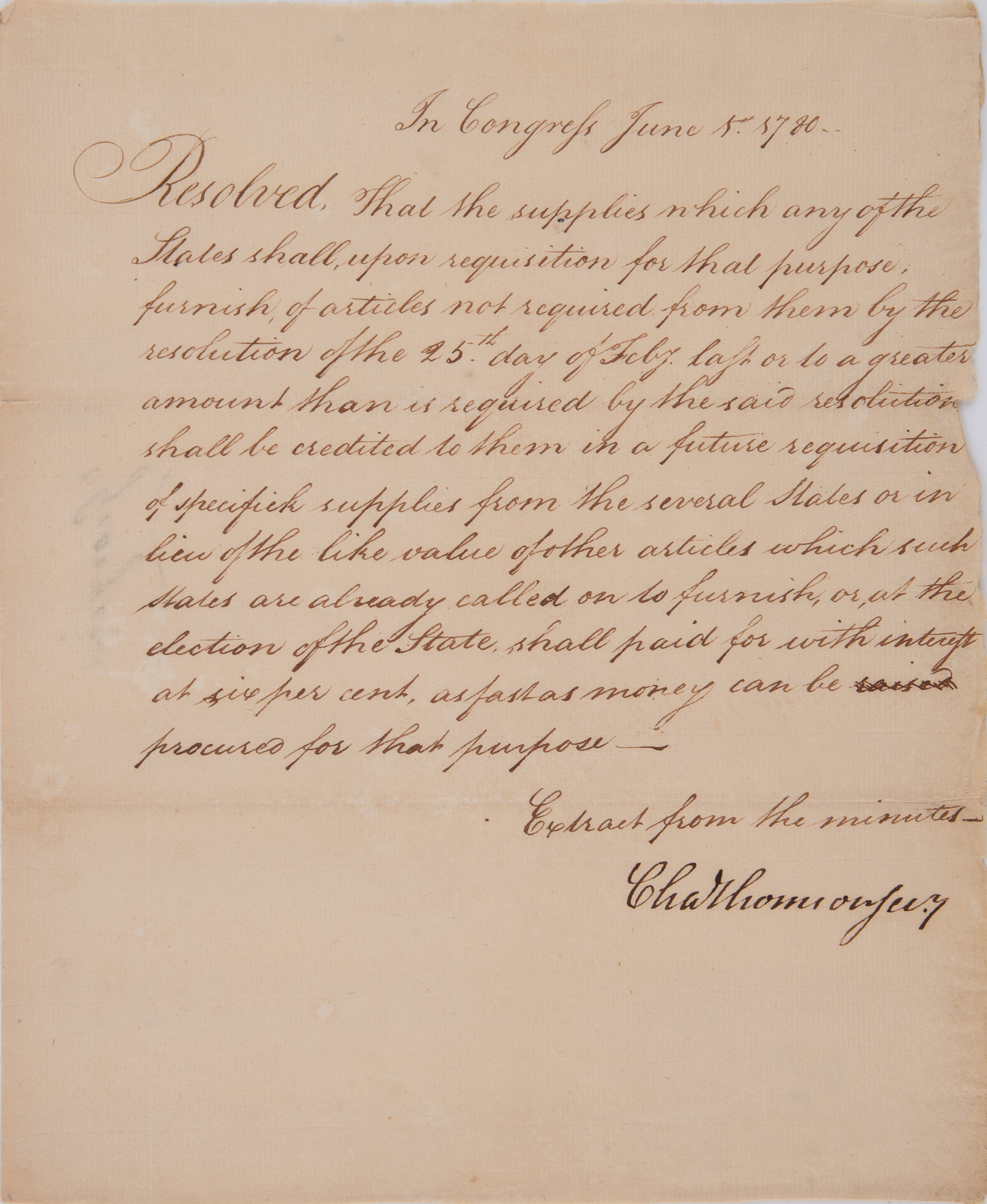 Lot image - [AMERICAN REVOLUTION]  THOMSON, CHARLES. Document signed as Secretary of the Continental Congress.