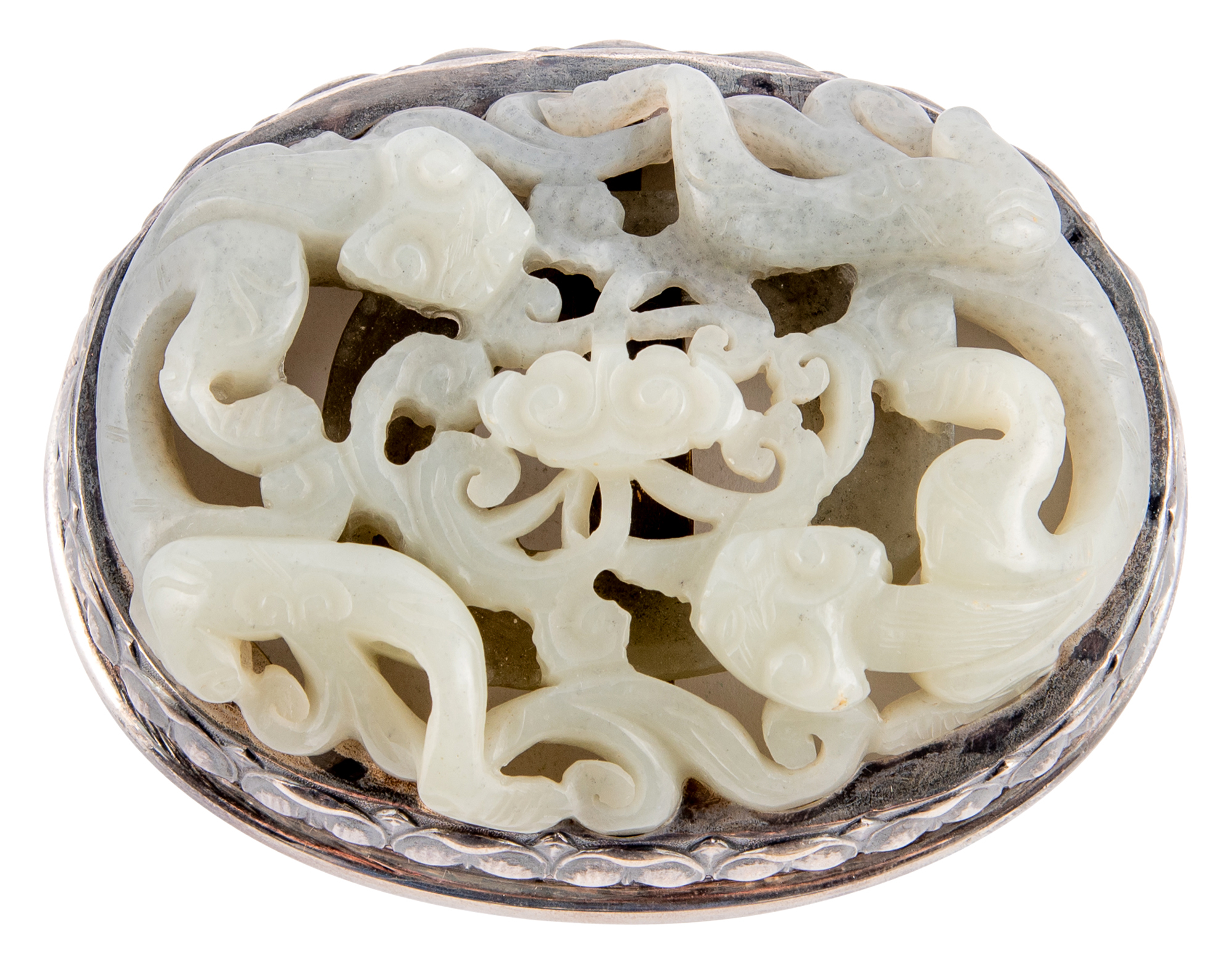 Lot image - A Chinese Carved Jade Plaque in Silver Mount