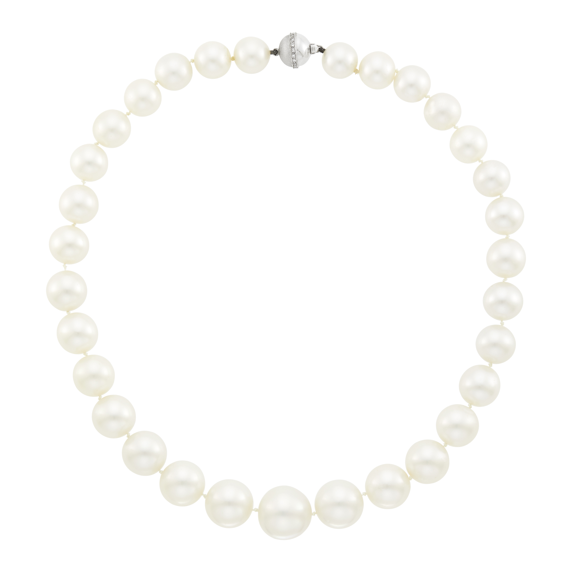 Lot image - South Sea Cultured Pearl Necklace with White Gold and Diamond Ball Clasp