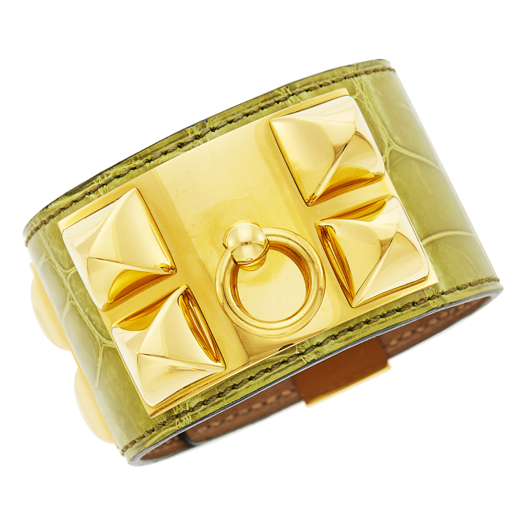 Lot image - Hermès Paris Gilt Metal and Lime Green Crocodile Collier de Chien Cuff Bracelet