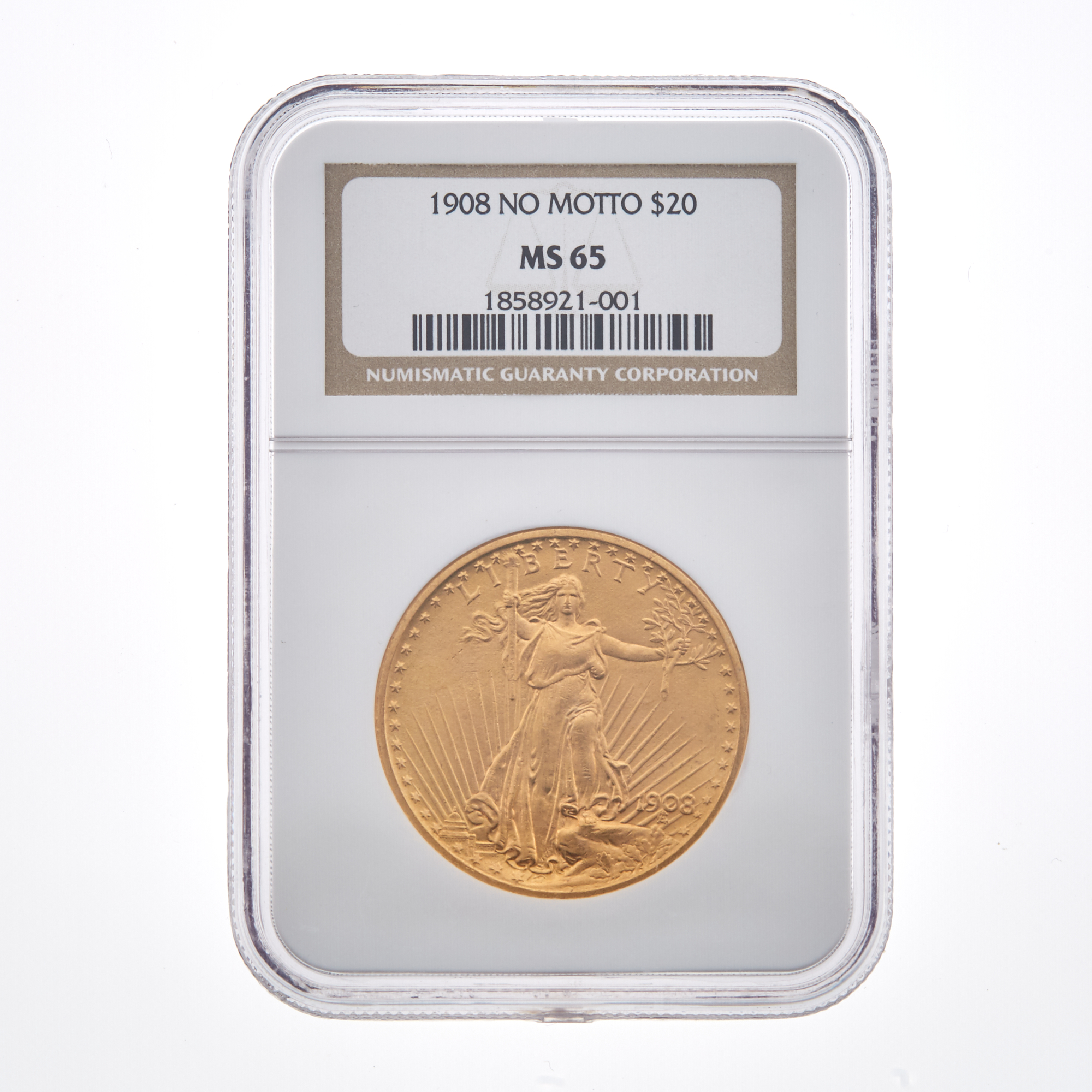 Lot image - United States 1908 No Motto $20 St. Gaudens NGC MS65