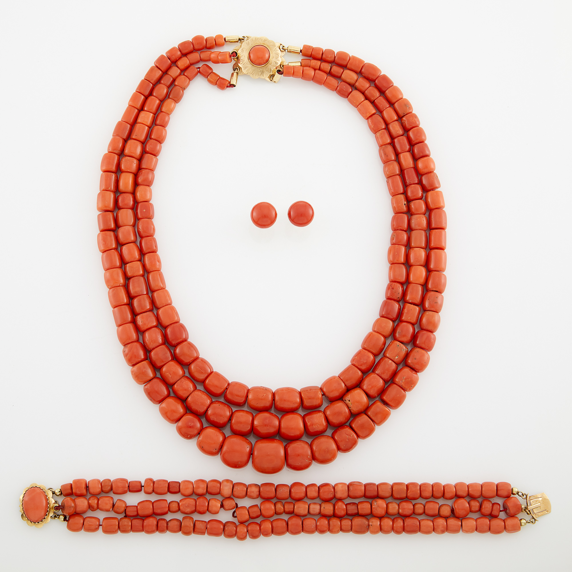 Lot image - Triple Strand Coral Bead Necklace, Bracelet and Pair of Earclips