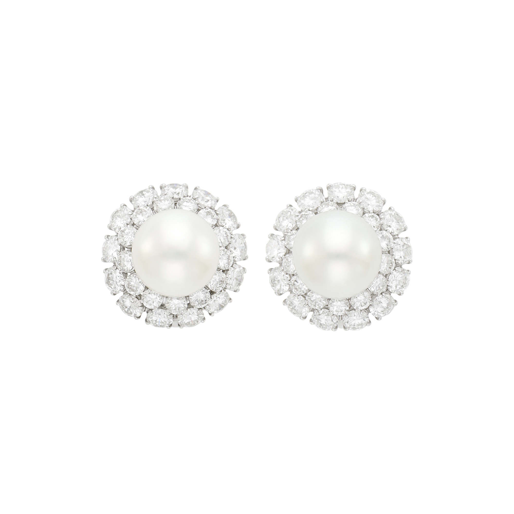 Lot image - Pair of White Gold, South Sea Cultured Pearl and Diamond Earclips