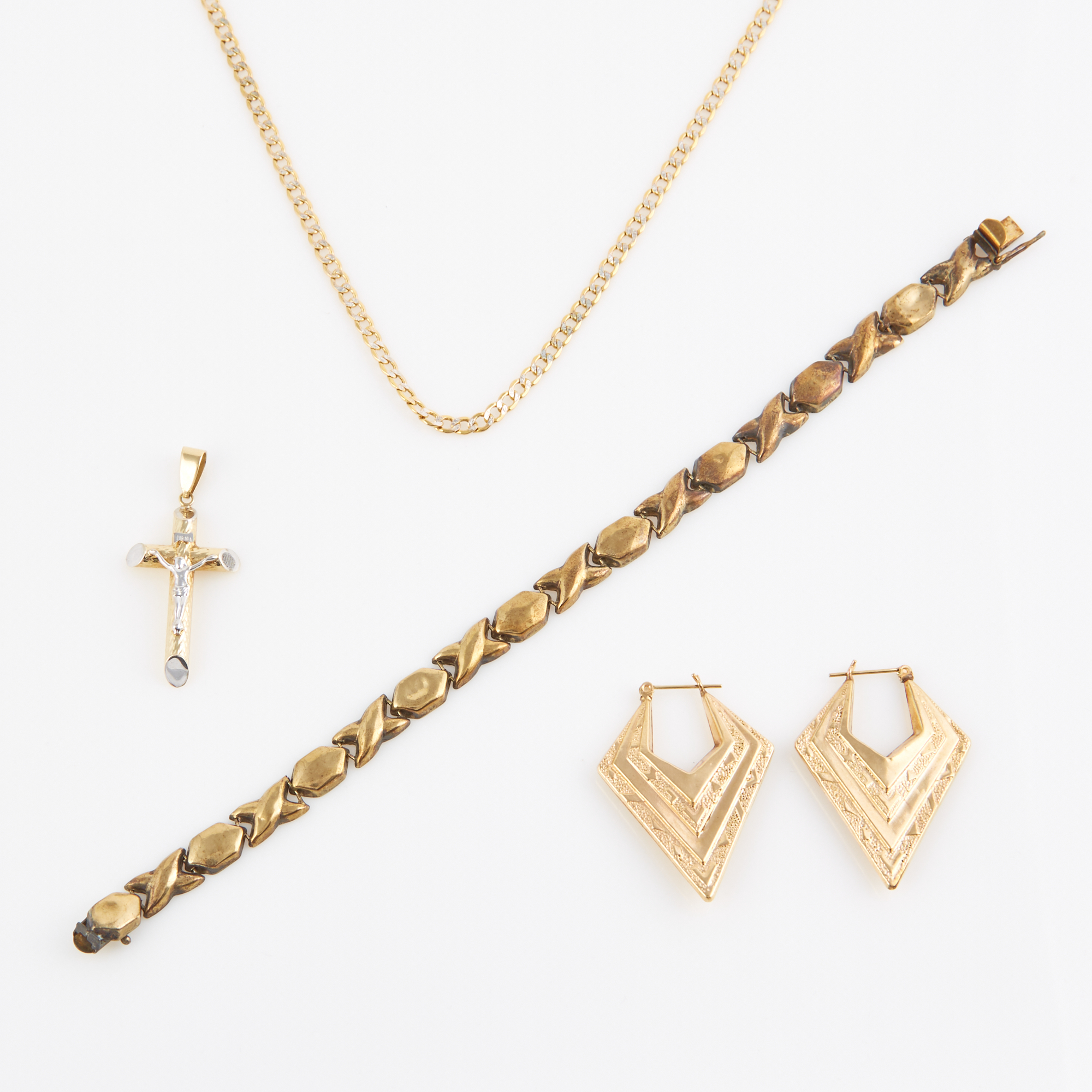 Lot image - Two Gold Earrings, Flexible Bracelet, Pendant and Neck Chain, 10K 11 dwt., damaged
