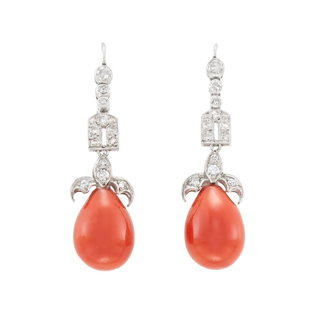 Lot image - Pair of White Gold, Diamond and Coral Pendant-Earrings