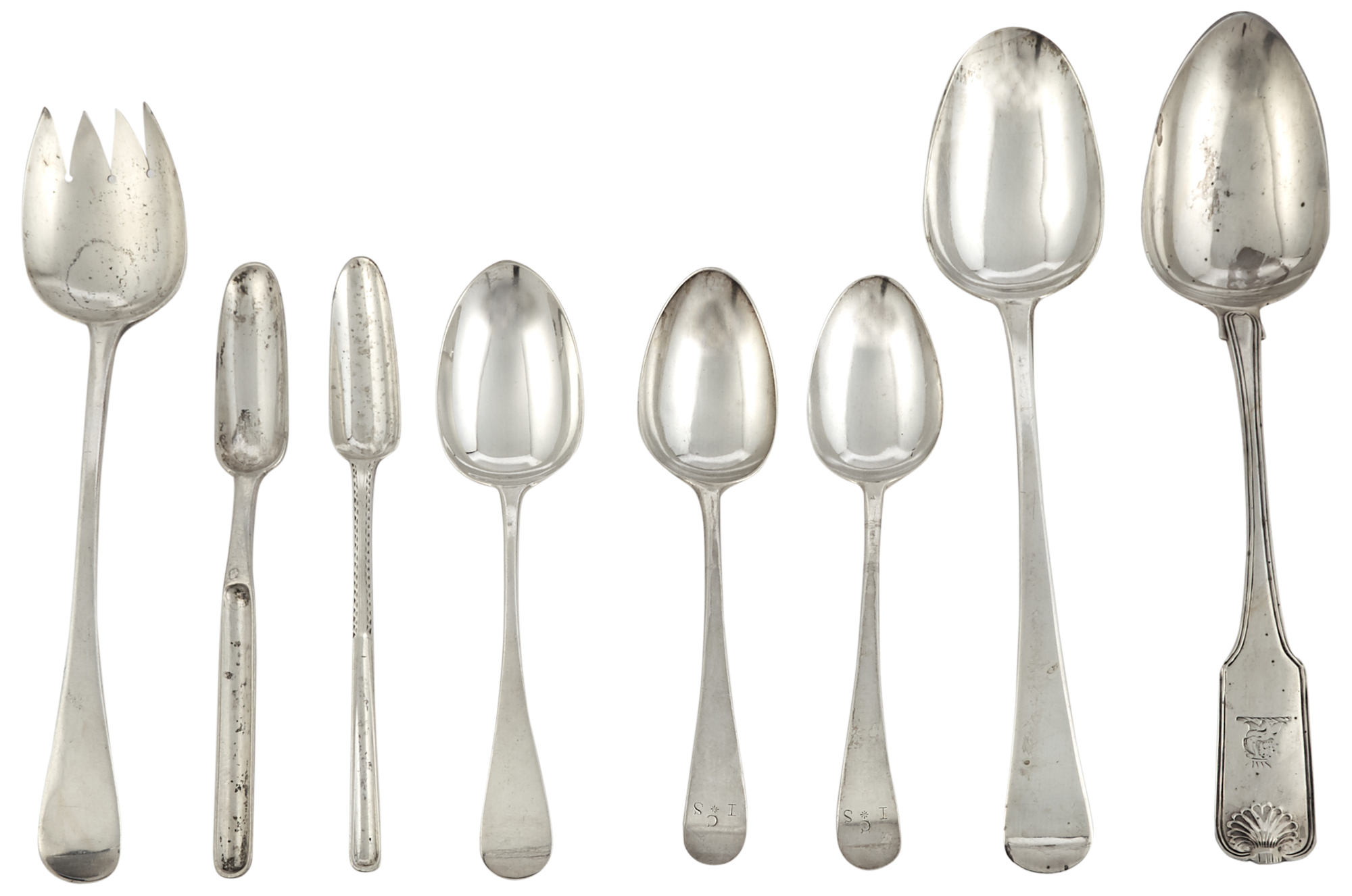 Lot image - Group of Eight Georgian Sterling Silver Serving Pieces