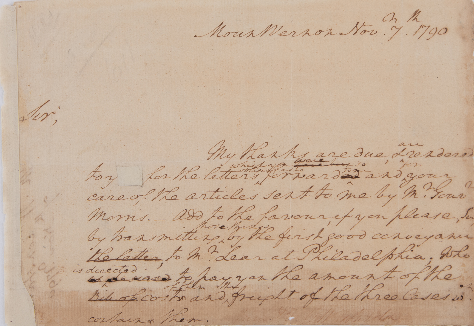 Lot image - WASHINGTON, GEORGE  Manuscript draft of a letter to William Constable.