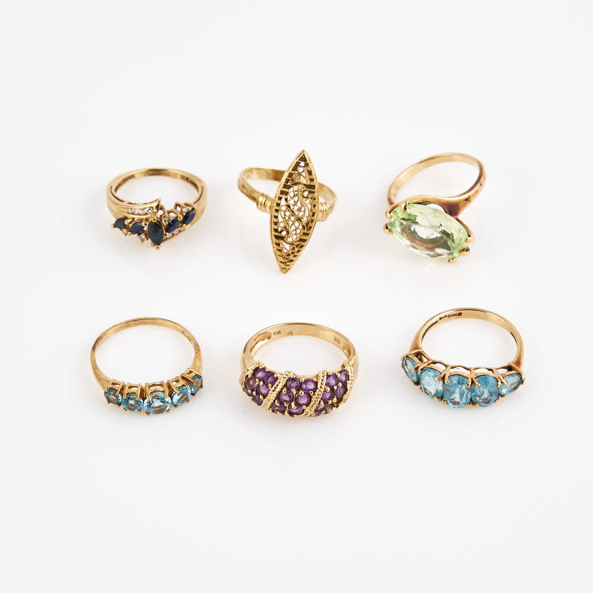 Lot image - Six Gold and Stone Rings, 14K 5 dwt. and 10K 6 dwt. all, stone missing