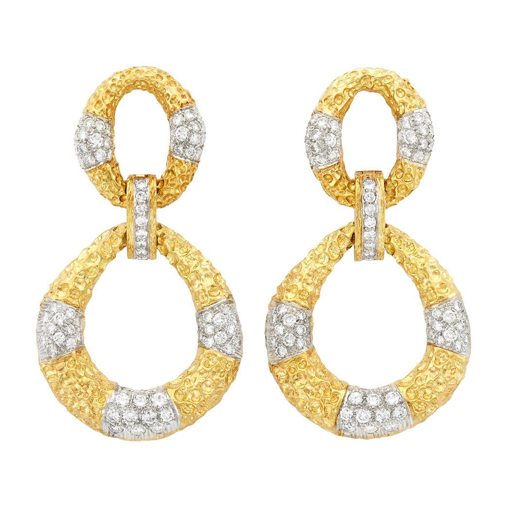 Lot image - Pair of Two-Color Gold and Diamond Pendant-Earrings