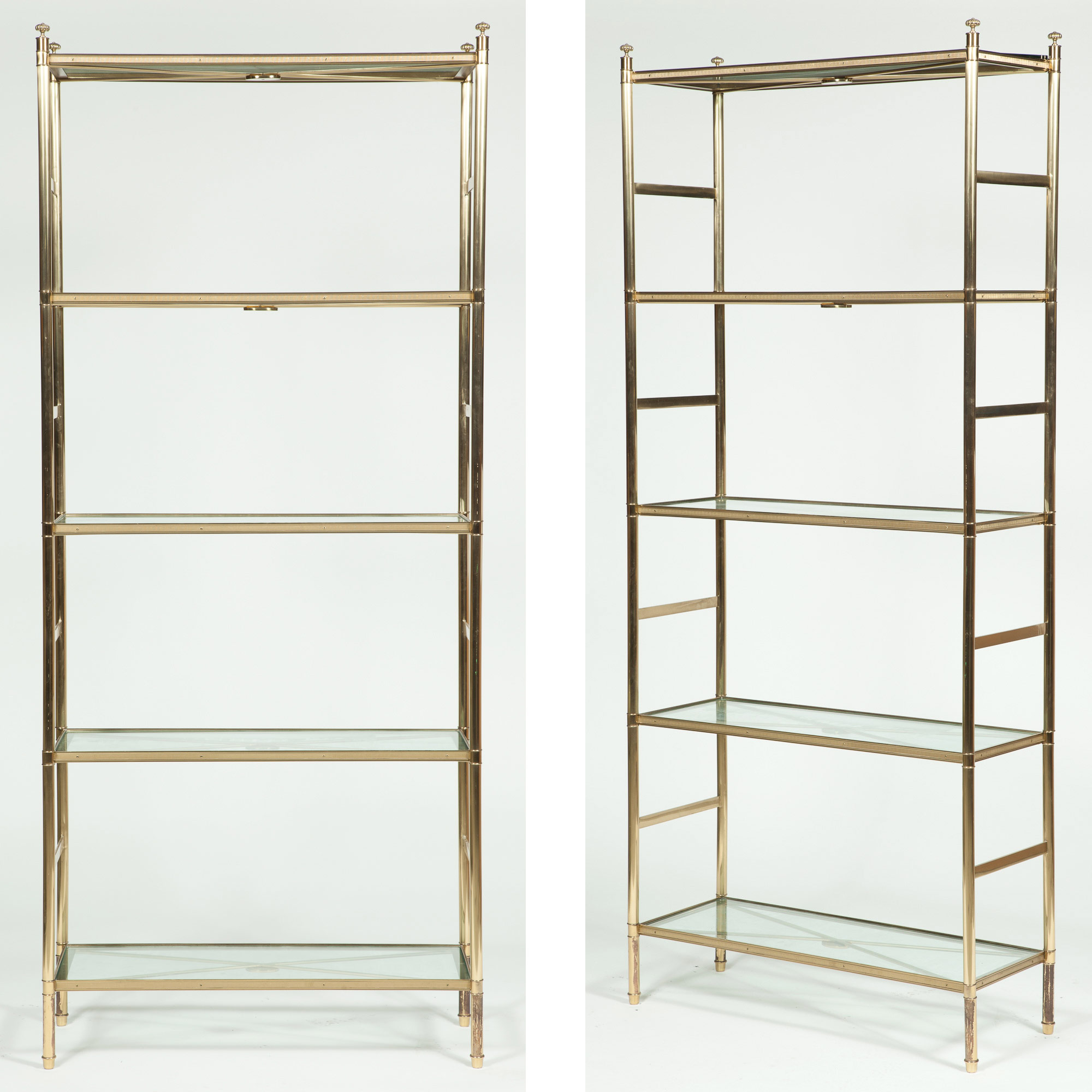 Lot image - Pair of Billy Baldwin Style Brass and Glass Bookshelves