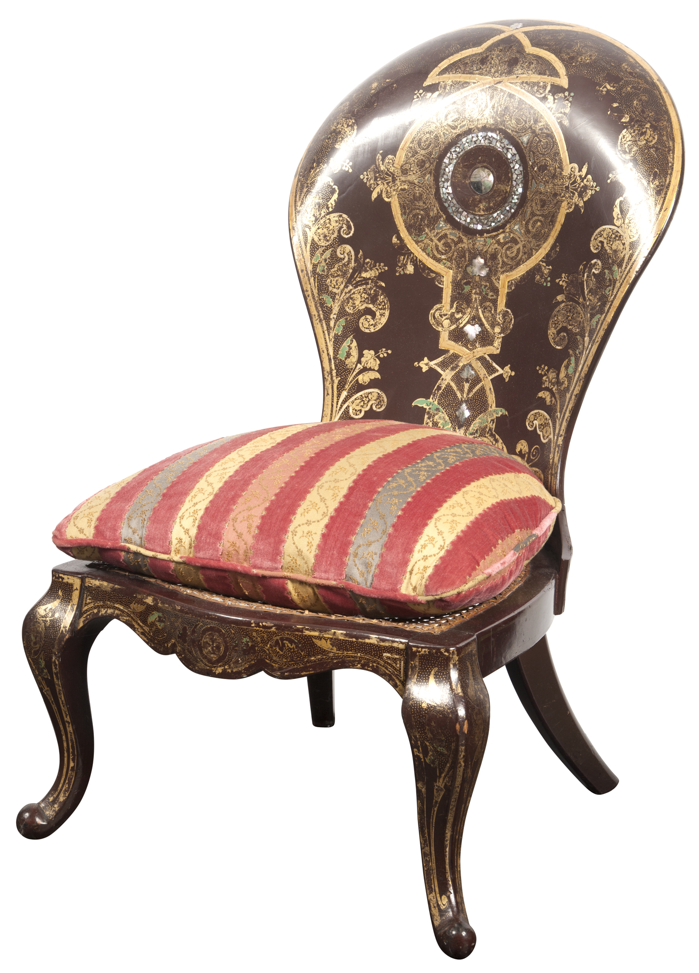 Lot image - Victorian Scarlet-Japanned, Parcel-Gilt and Mother-of-Pearl-Inlaid Papier-Mâché Side Chair