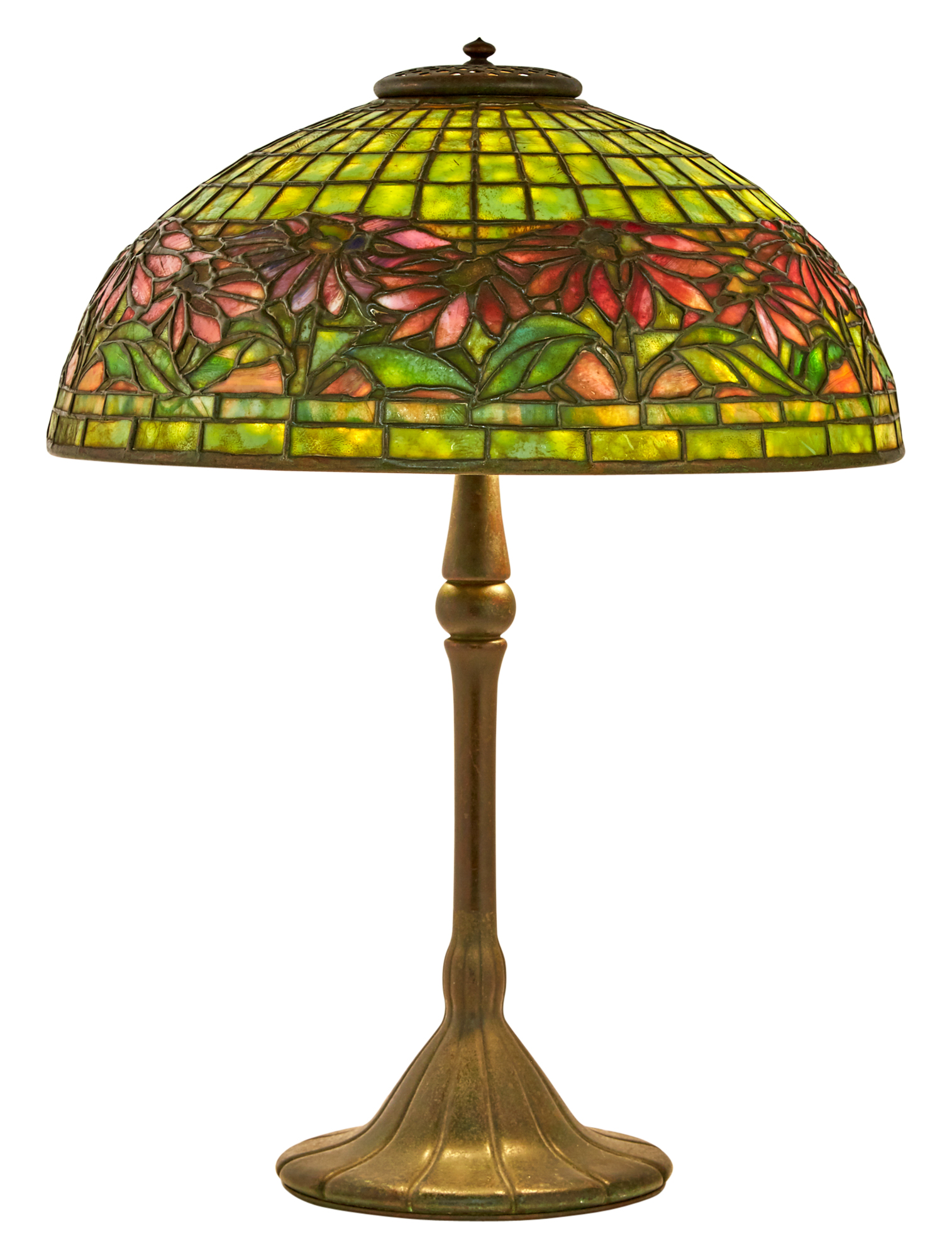 Lot image - Tiffany Studios Bronze and Leaded Glass Poinsettia Table Lamp