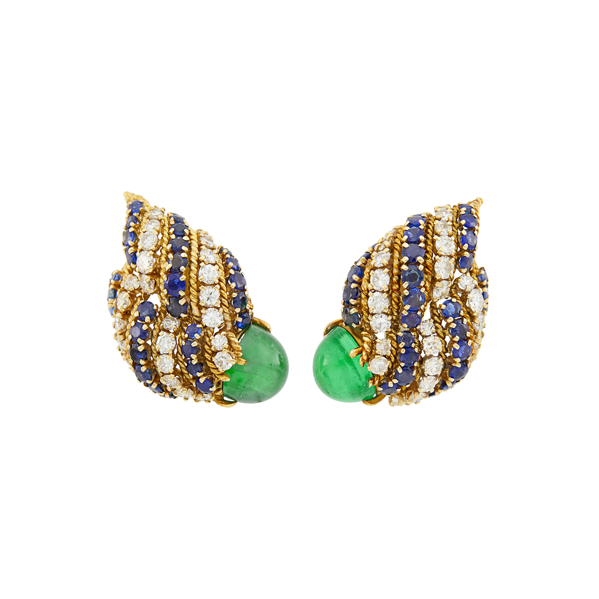 Lot image - David Webb Pair of Gold, Cabochon Emerald, Sapphire and Diamond Earclips