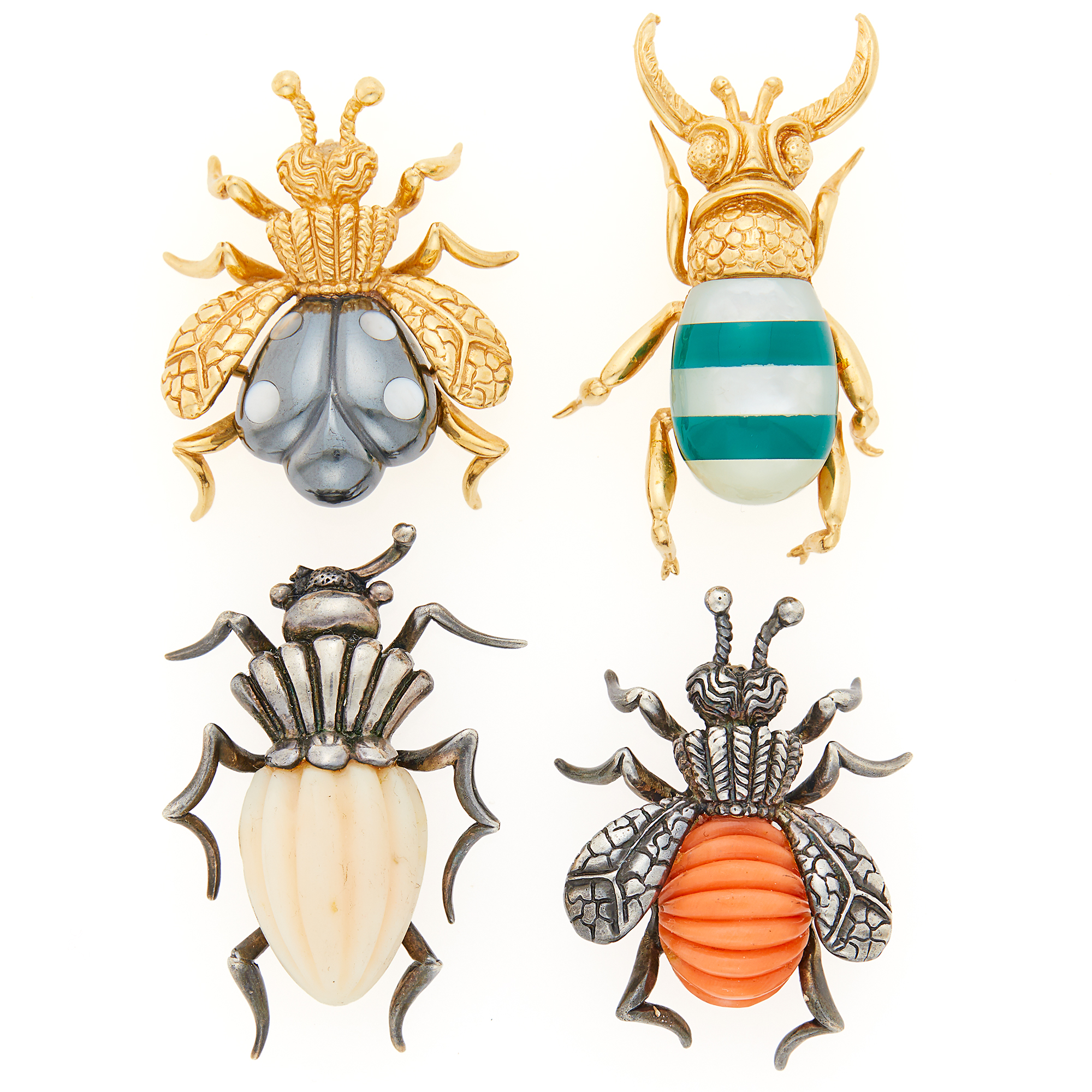 Lot image - Four Gold, Silver and Hardstone Insect Brooches