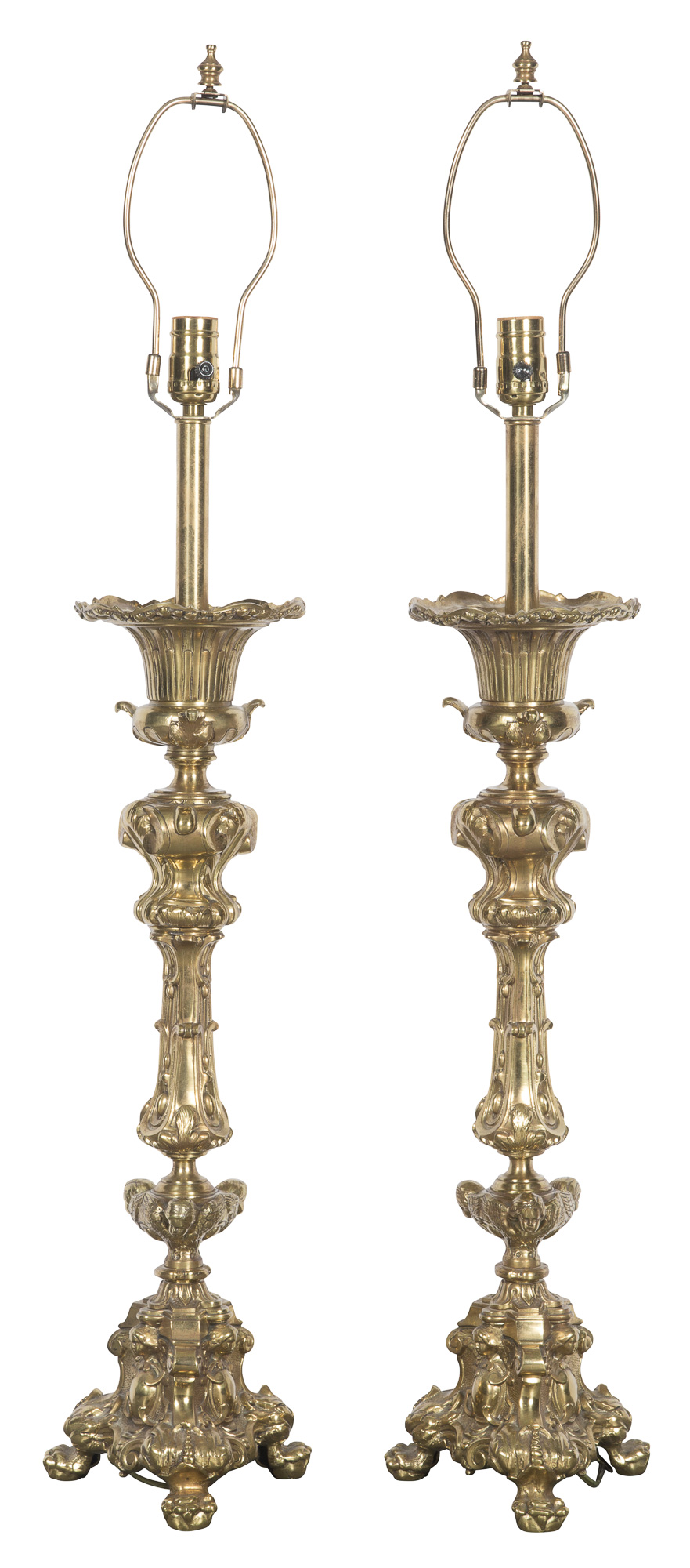 Lot image - Pair of Renaissance Style Gilt-Metal Altar Stick Lamps