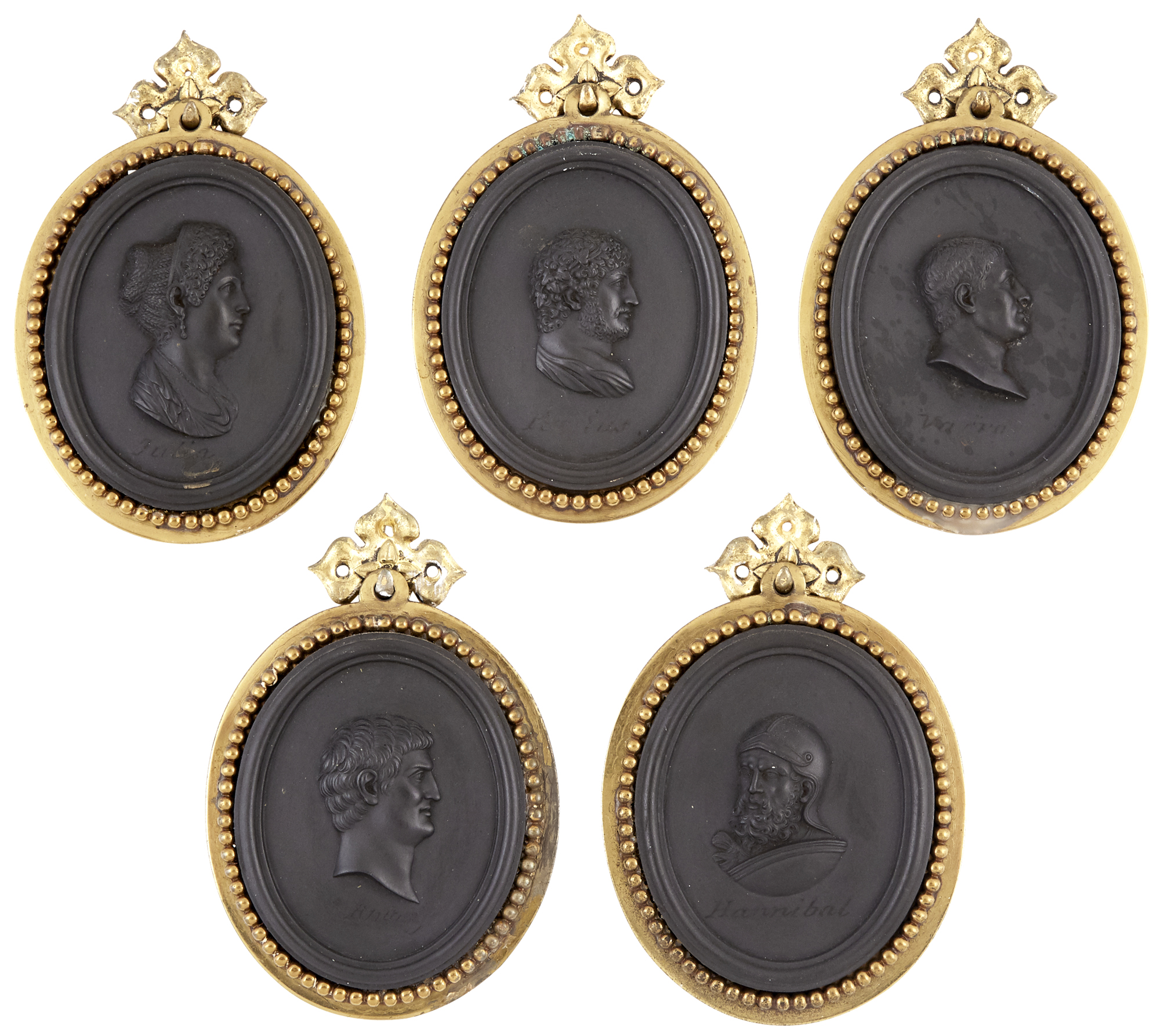 Lot image - Group of Five Gilt-Metal-Mounted Intaglios of Roman Emperors