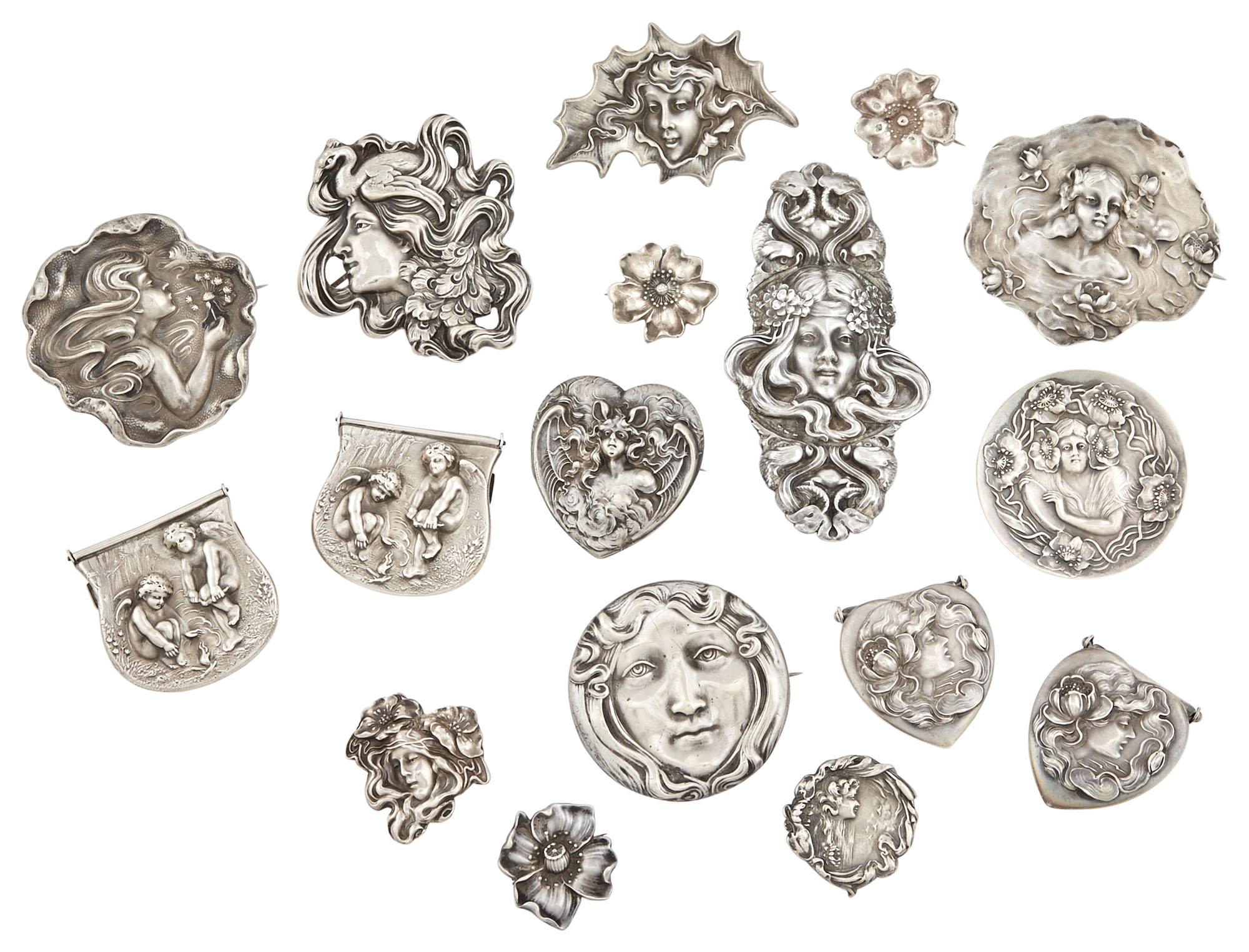 Lot image - Group of Unger Bros. Art Nouveau Sterling Silver Brooches, Pins and Clasps