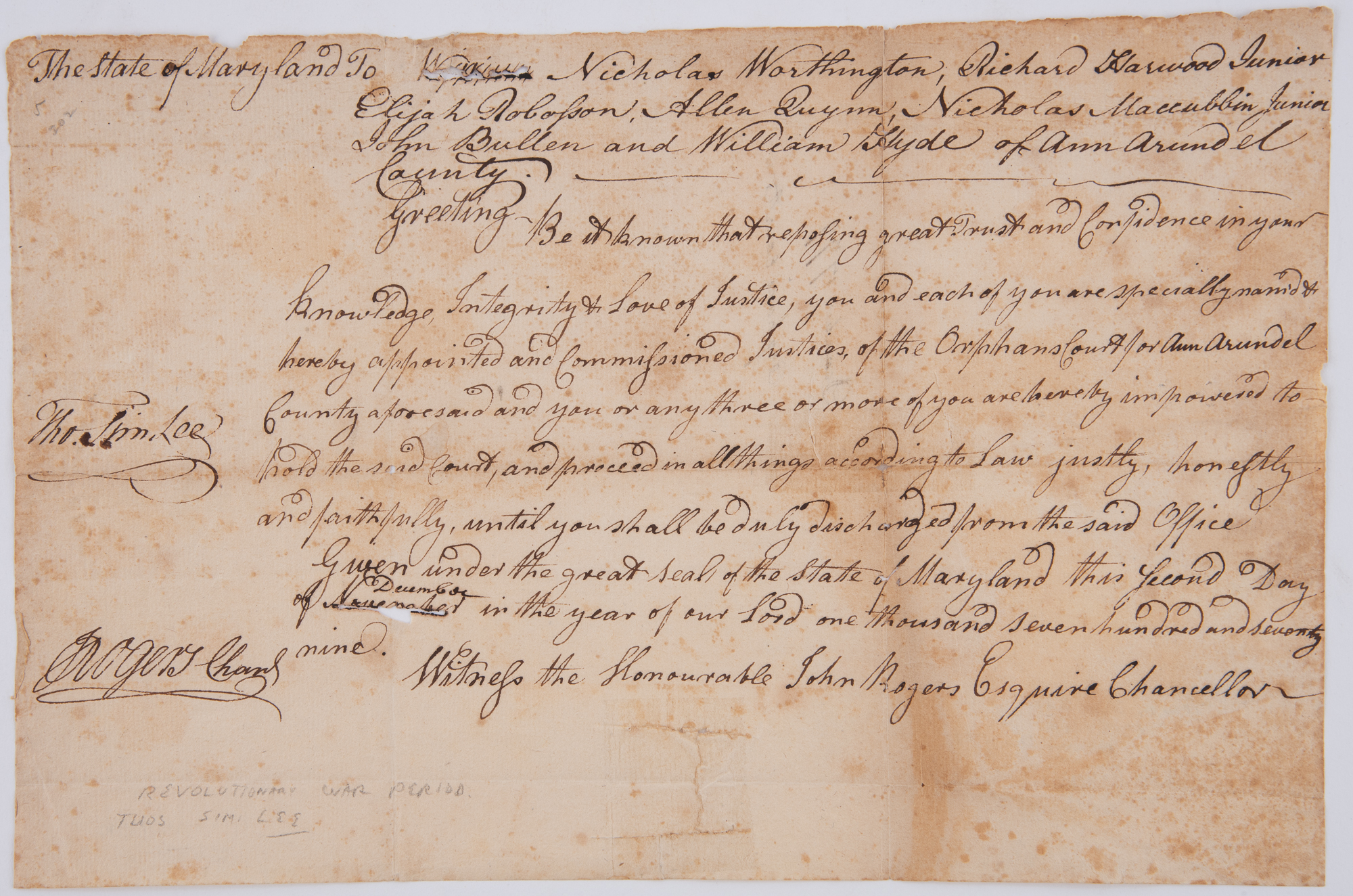 Lot image - ROGERS, JOHN, Continental Congress Delegate from Maryland  Document signed.