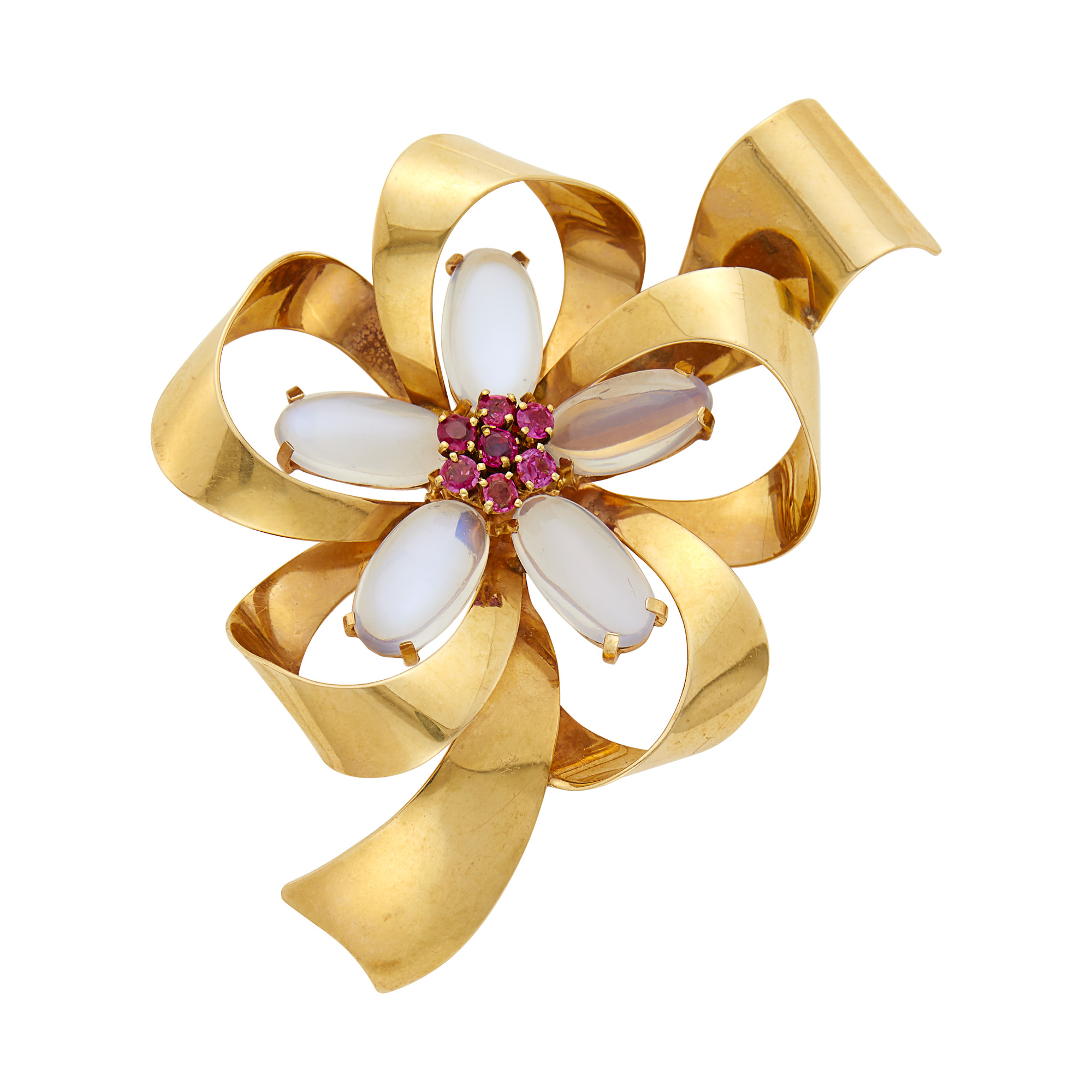 Lot image - Gold, Moonstone and Ruby Flower Ribbon Brooch