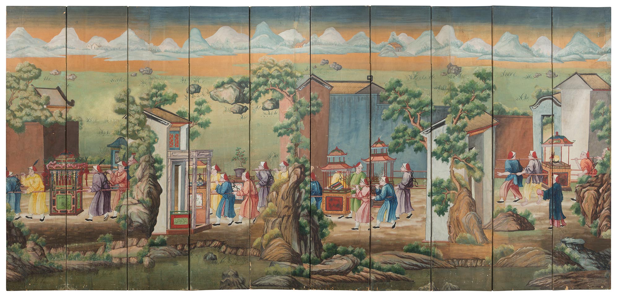 Lot image - Chinese Export Ten-Panel Painted Wallpaper Screen