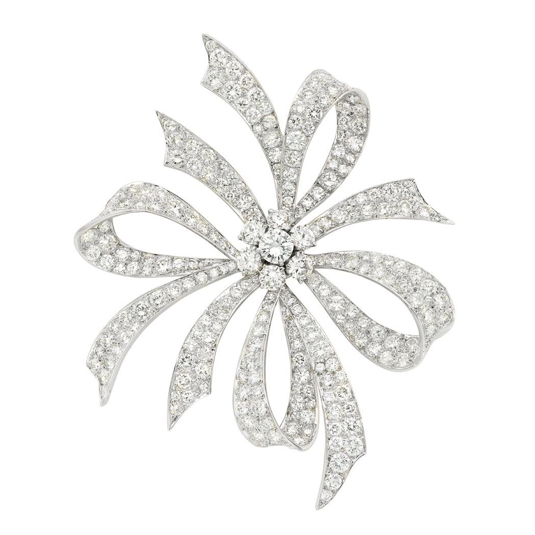 Lot image - Platinum and Diamond Bow Clip-Brooch, Van Cleef & Arpels