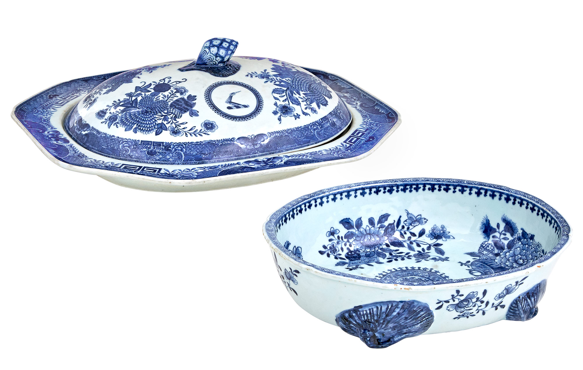 Lot image - Chinese Export Porcelain Blue Fitzhugh Crested Platter and Cover; Together with a Chinese Export Porcelain Blue Fitzhugh Footed Oval Bowl