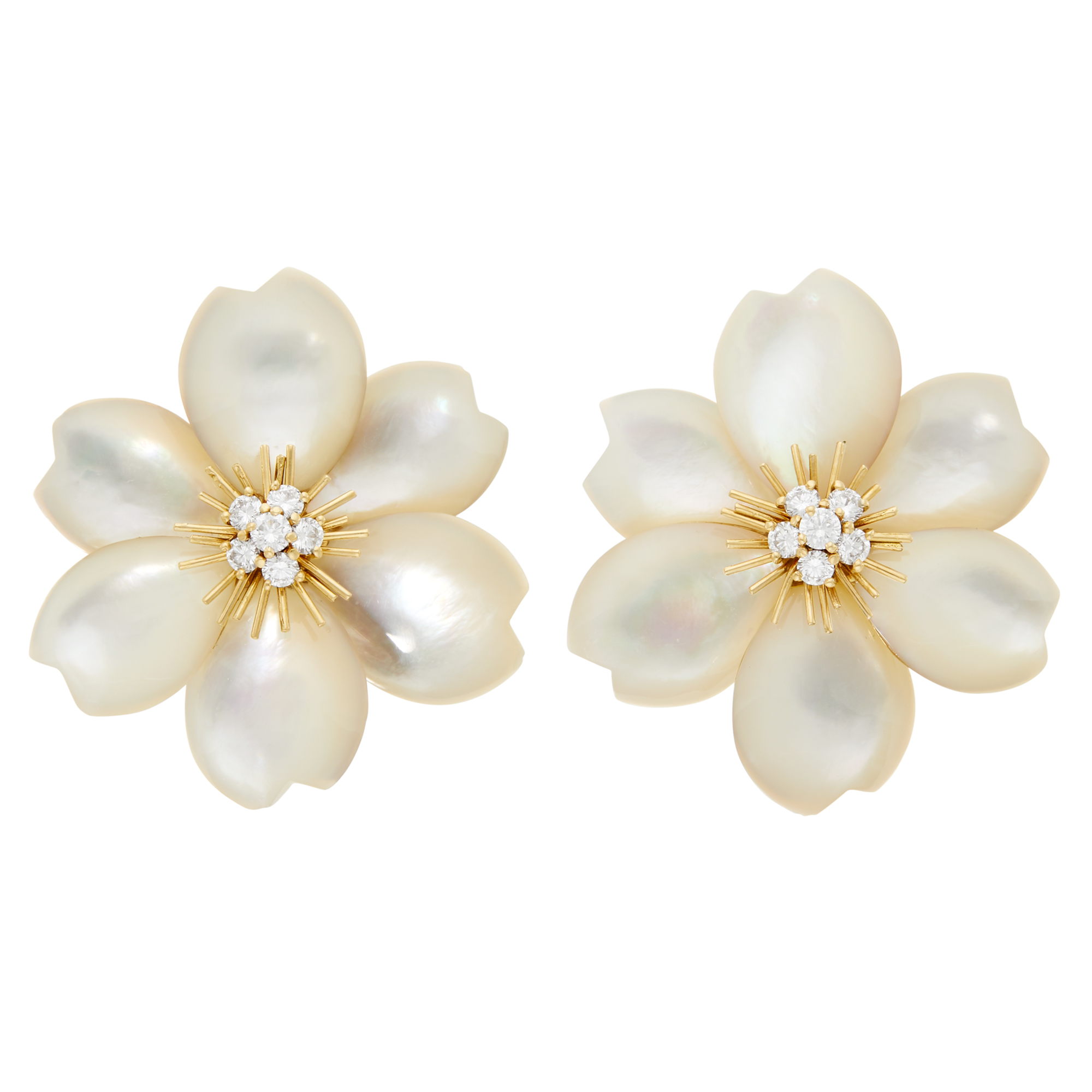 Lot image - Van Cleef & Arpels Pair of Gold, Mother-of-Pearl and Diamond Rose de Noel Earclips, France