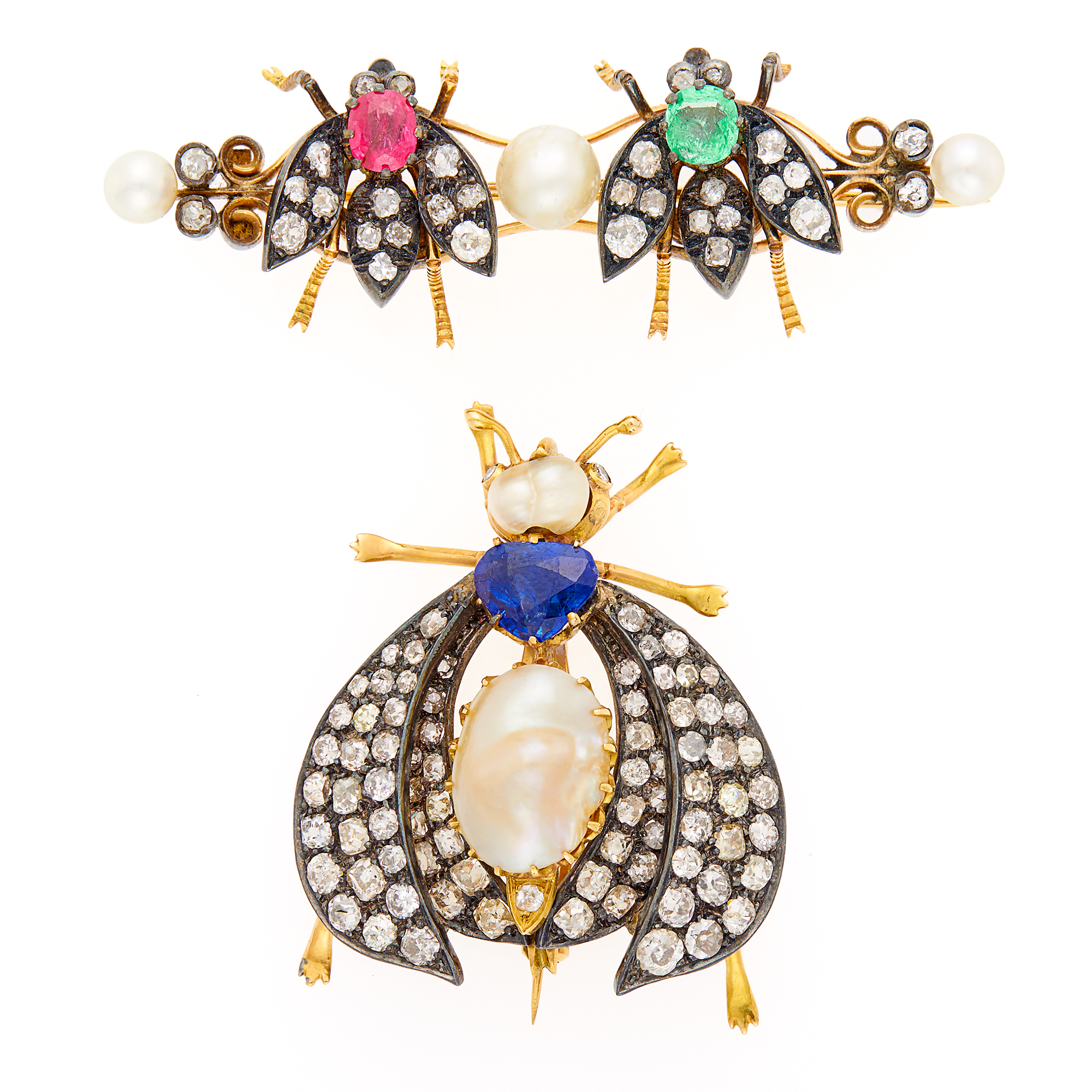Lot image - Two Antique Gold, Silver, Baroque Pearl, Colored Stone and Diamond Insect Brooches
