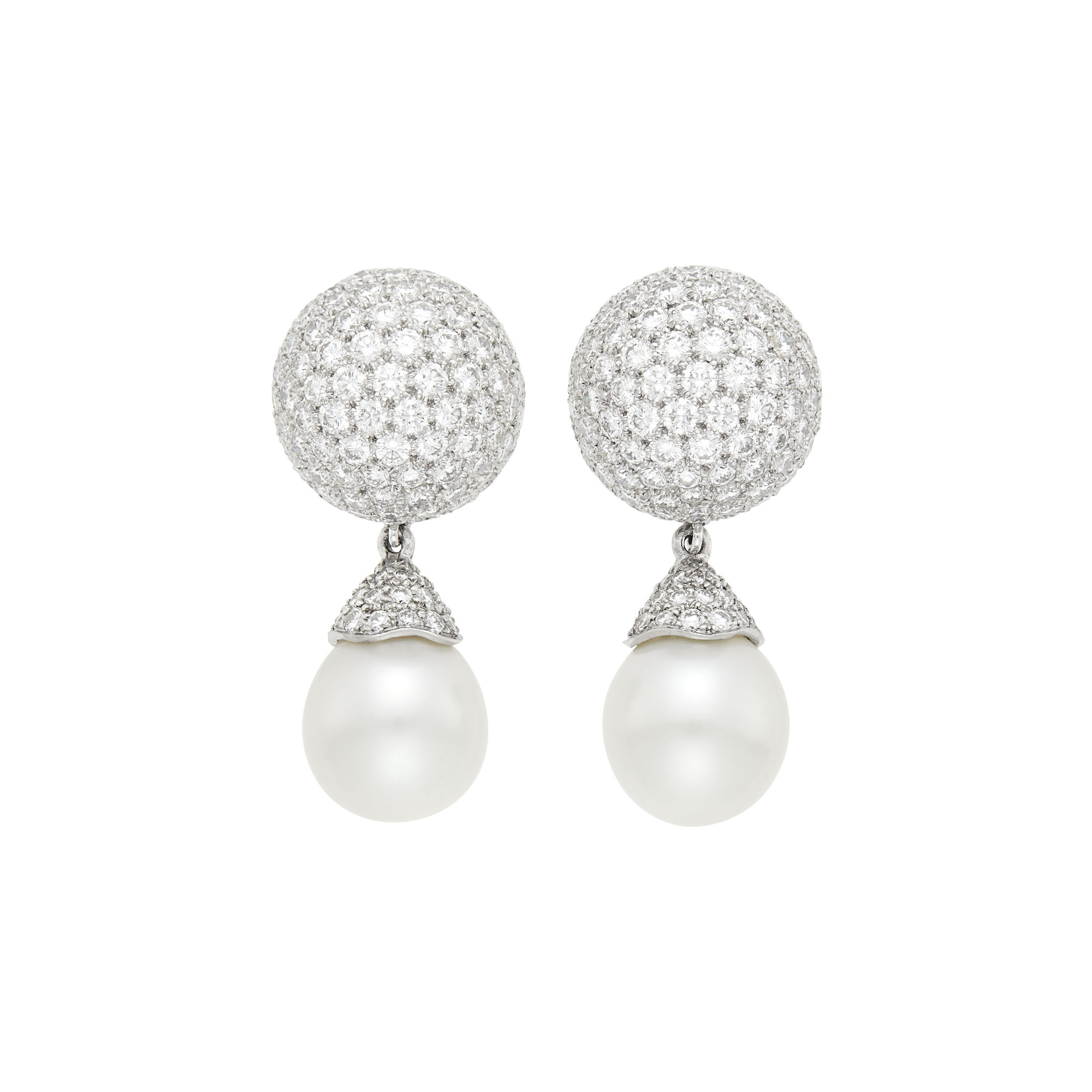 Lot image - Van Cleef and Arpels Pair of Platinum, Diamond and South Sea Cultured Pendant-Earclips