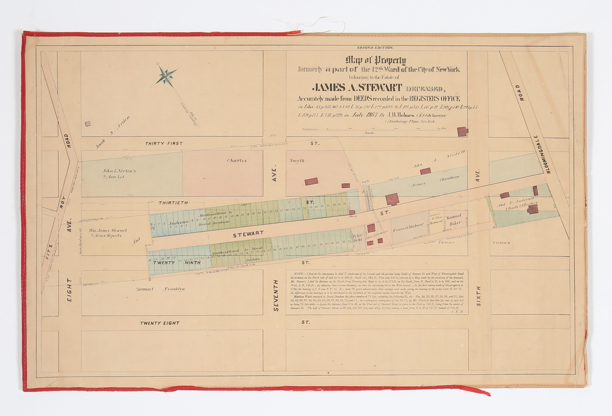 Lot image - [MAP - CHELSEA]  HOLMES, J[OHN] B[UTE]. Map of Property formerly a part of the 12th Ward of the City of New York belonging to the Estate of James A. Stewart deceased, Accurately made from Deeds recorded in the Registers Office....