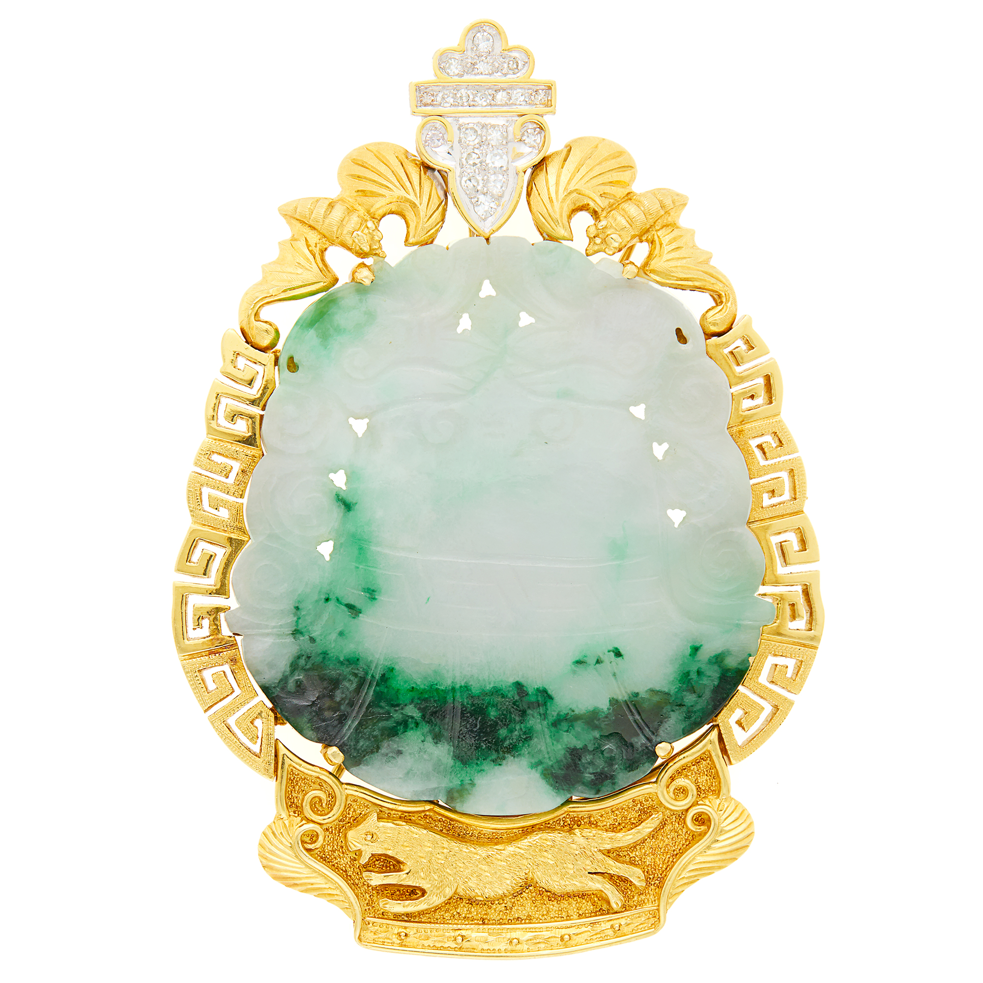 Lot image - Two-Color Gold, Carved Jade and Diamond Pendant-Brooch
