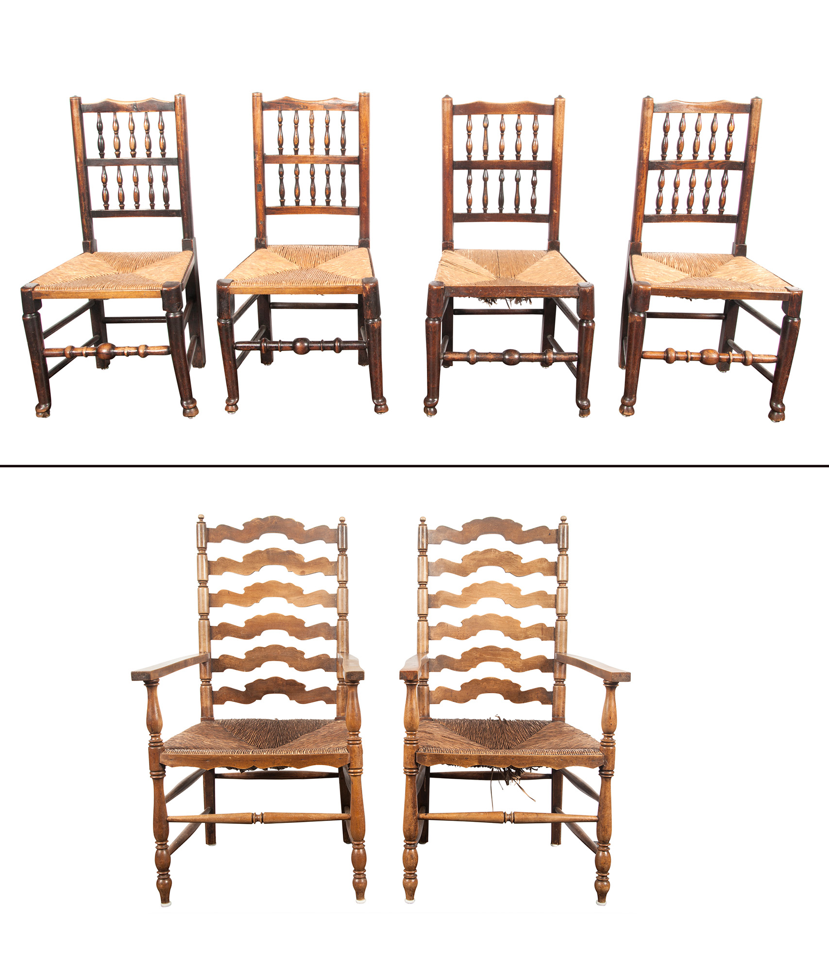 Lot image - Group of Four English Turned Wood Rush Seat Chairs