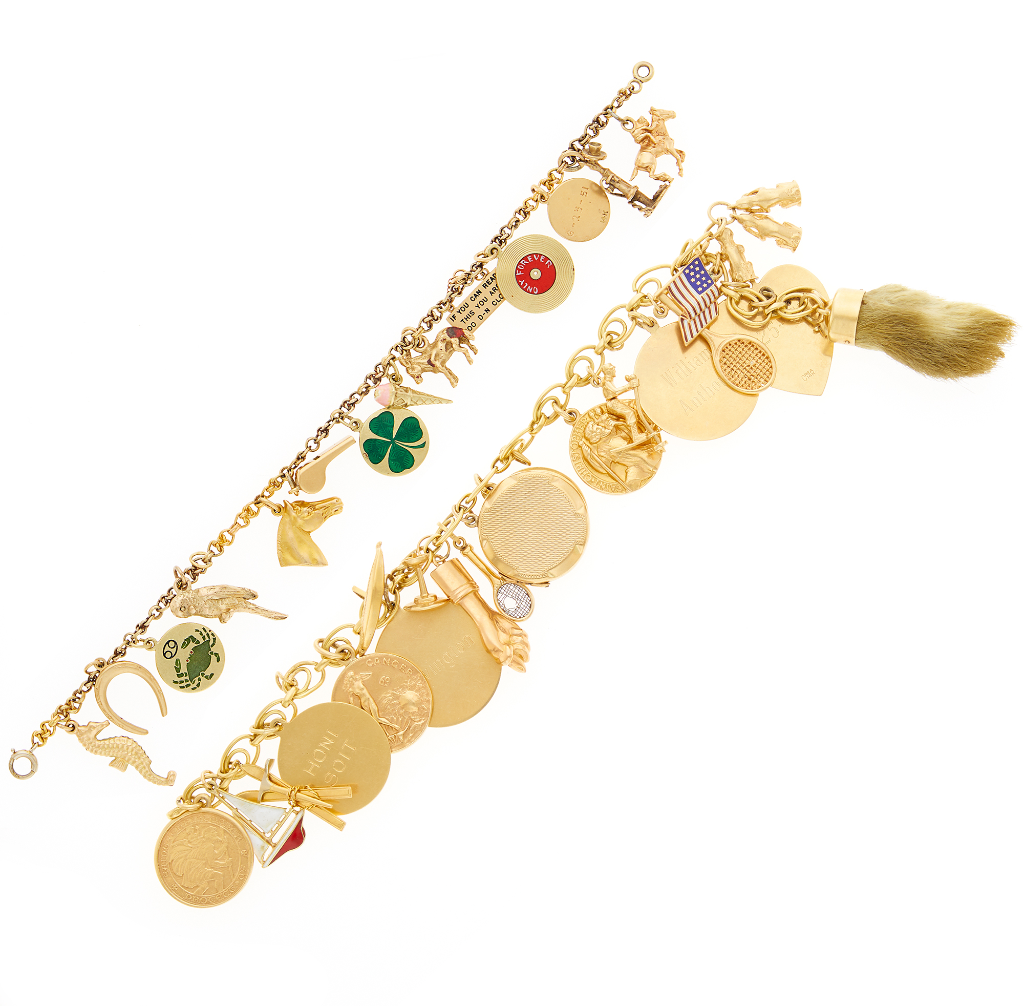 Lot image - Two Gold, Low Karat Gold, Metal and Enamel Charm Bracelets