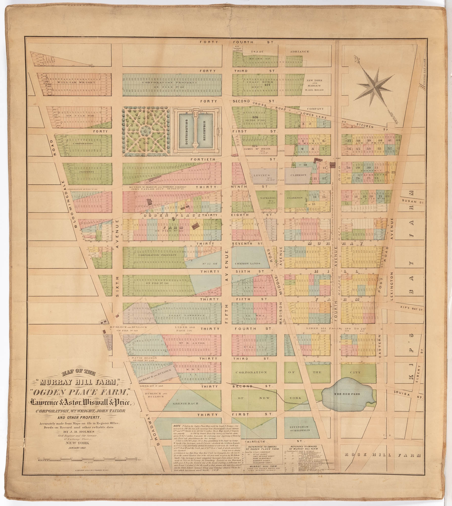 Lot image - [MAP - MURRAY HILL and MIDTOWN EAST]  HOLMES, J[OHN] B [UTE]. Map of the Murray Hill Farm, Ogden Place Farm, Lawrence & Astor, Wiswall & Price, Corporation, Wm. Wright, John Taylor and Other Property.
